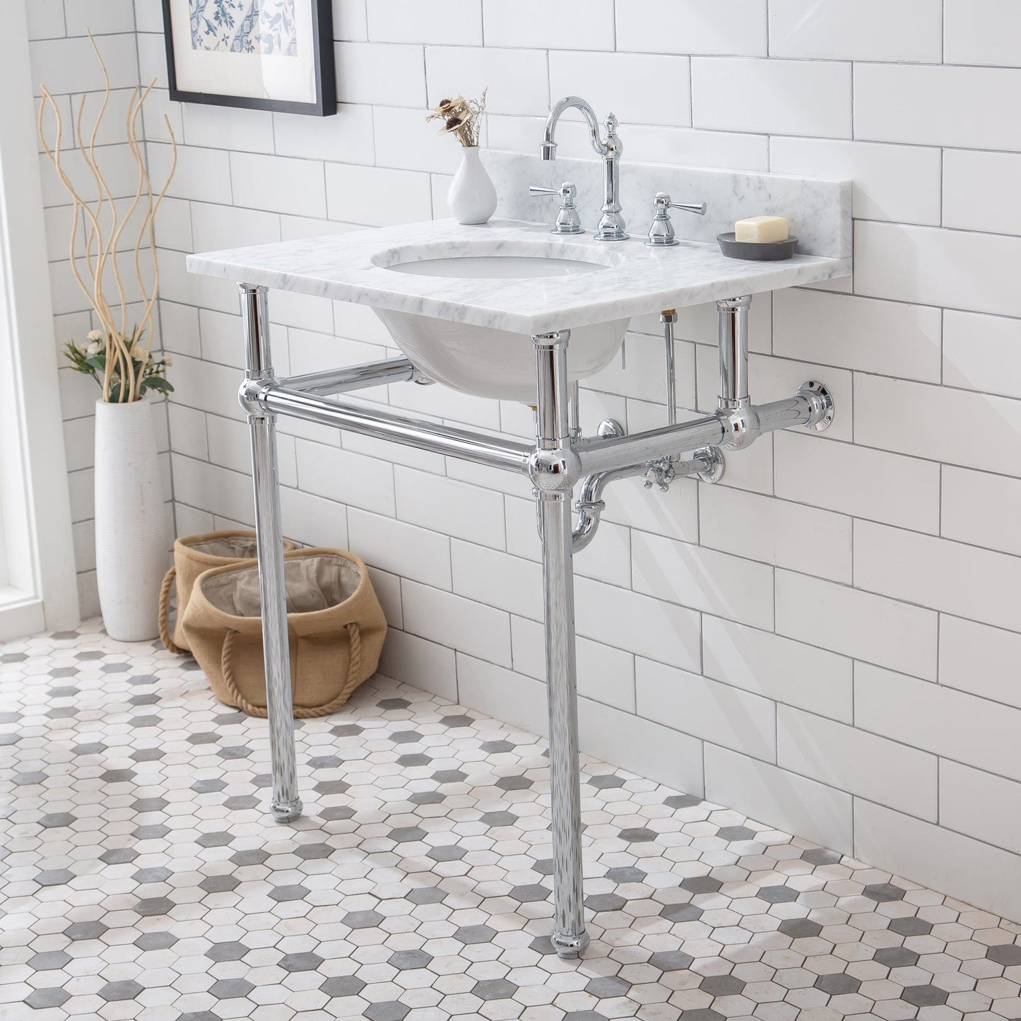 Water Creation EB30E-0112 EMBASSY 30"W x 34"H Single Washstand , P-Trap, Countertop with Sink, F2-0012 Faucet and Mirror included, in Chrome Finish