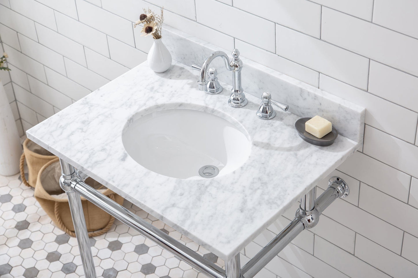 Water Creation EB30E-0112 EMBASSY 30"W x 34"H Single Washstand , P-Trap, Countertop with Sink, F2-0012 Faucet and Mirror included, in Chrome Finish