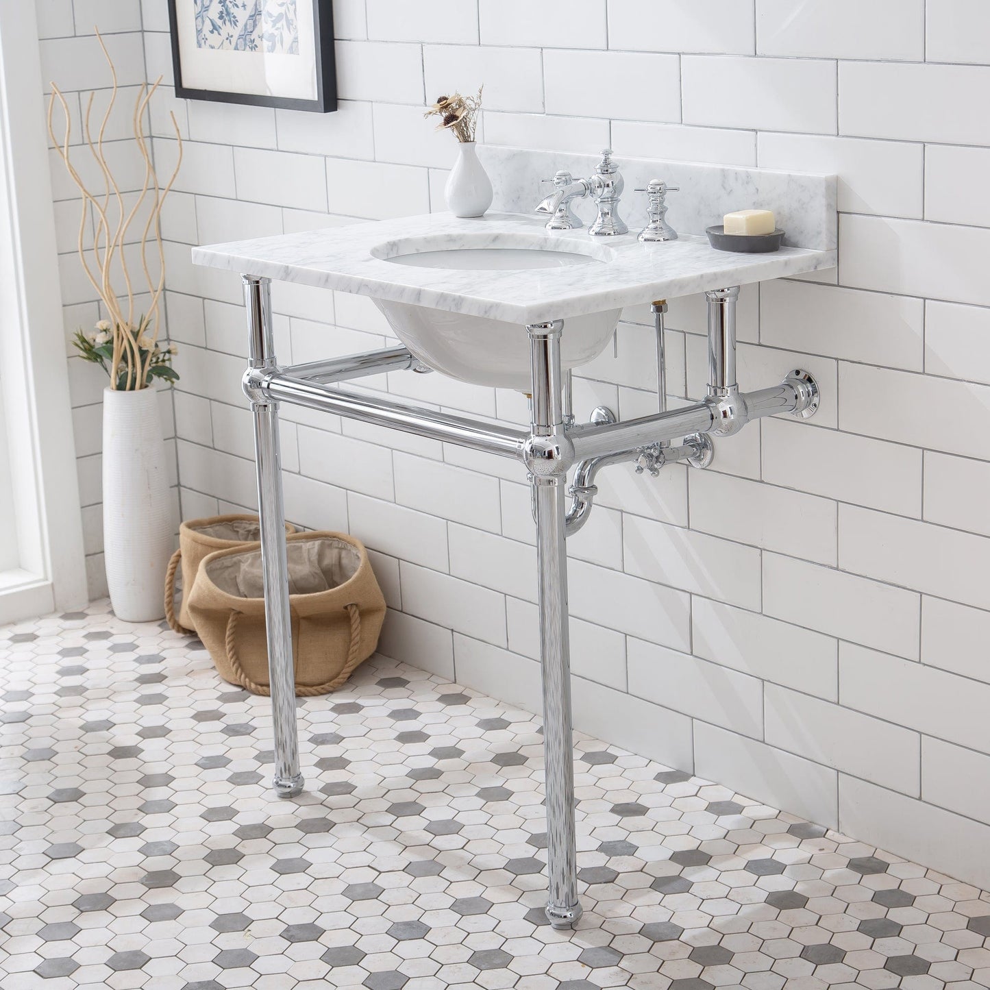 Water Creation EB30E-0113 EMBASSY 30"W x 34"H Single Washstand , P-Trap, Countertop with Sink, F2-0013 Faucet and Mirror included, in Chrome Finish