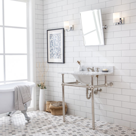 Water Creation EB30E-0509 EMBASSY 30"W x 34"H Single Washstand , P-Trap, Countertop with Sink, F2-0009 Faucet and Mirror included, in Polished Nickel Finish