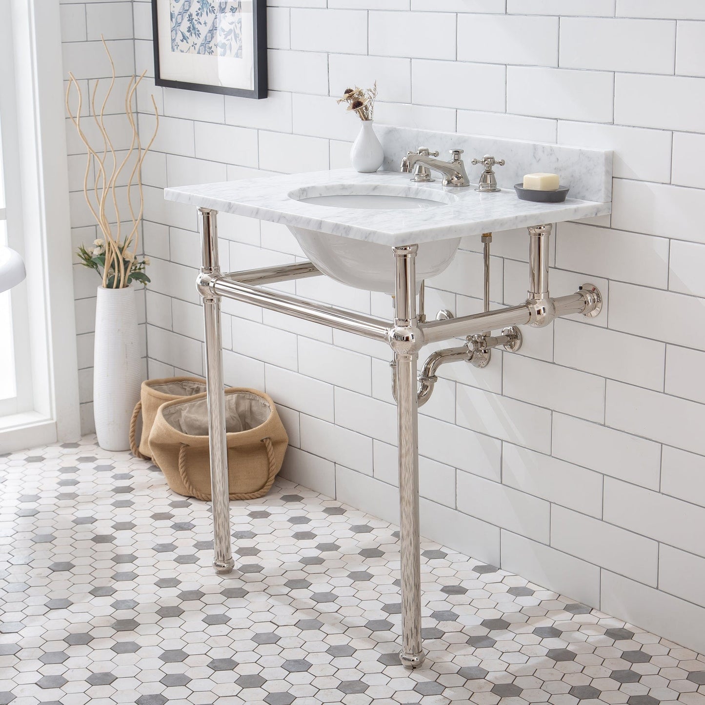 Water Creation EB30E-0509 EMBASSY 30"W x 34"H Single Washstand , P-Trap, Countertop with Sink, F2-0009 Faucet and Mirror included, in Polished Nickel Finish