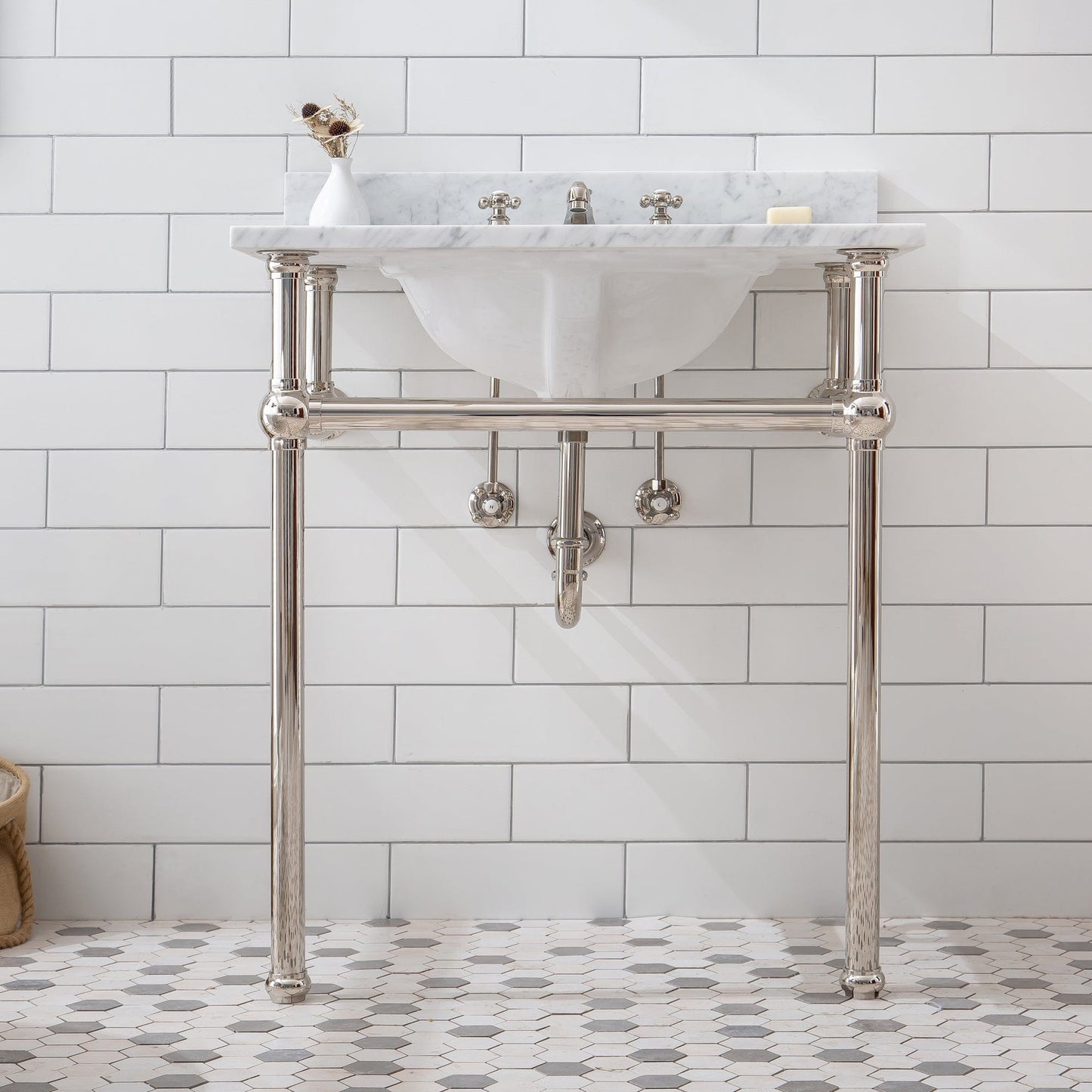 Water Creation EB30E-0509 EMBASSY 30"W x 34"H Single Washstand , P-Trap, Countertop with Sink, F2-0009 Faucet and Mirror included, in Polished Nickel Finish
