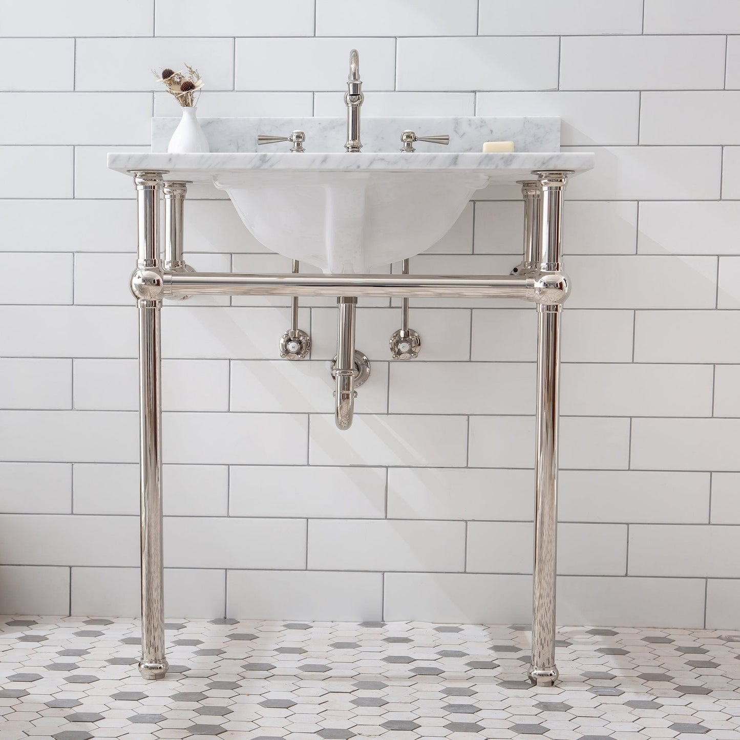 Water Creation EB30E-0512 EMBASSY 30"W x 34"H Single Washstand , P-Trap, Countertop with Sink, F2-0012 Faucet and Mirror included, in Polished Nickel Finish