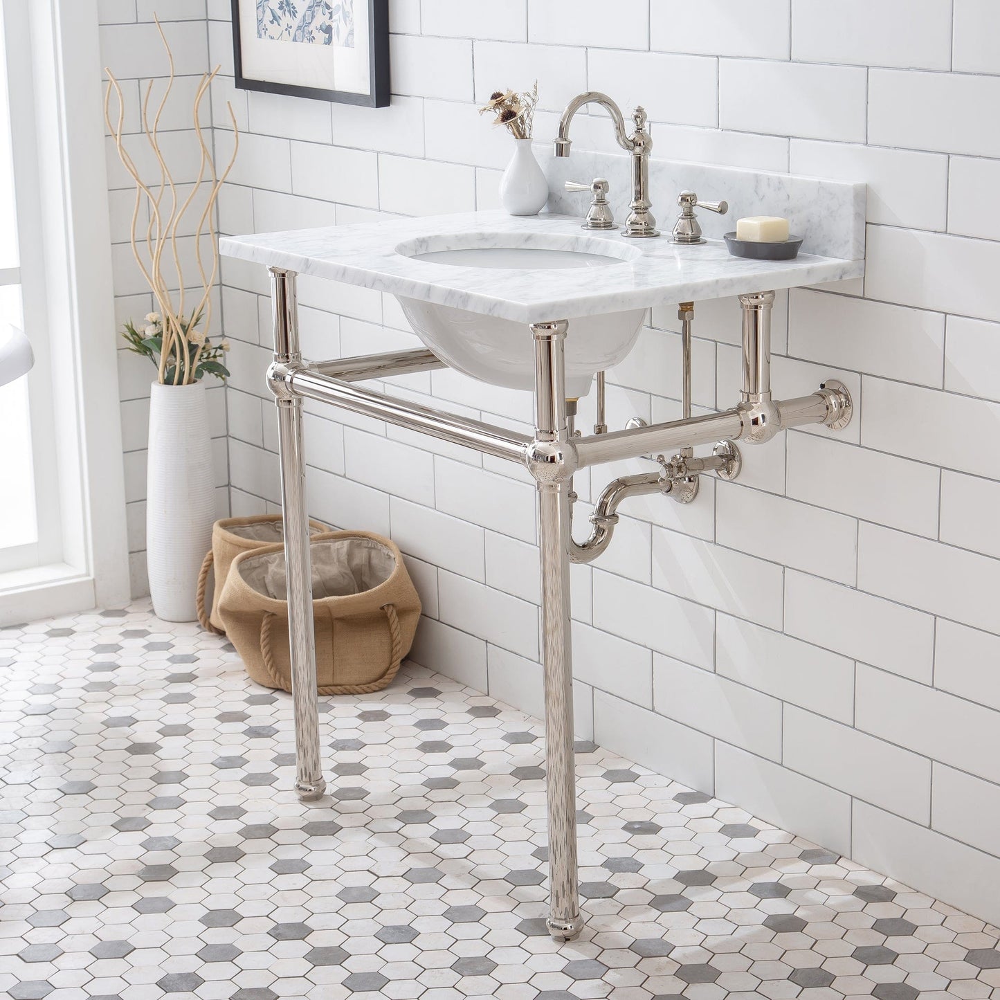 Water Creation EB30E-0512 EMBASSY 30"W x 34"H Single Washstand , P-Trap, Countertop with Sink, F2-0012 Faucet and Mirror included, in Polished Nickel Finish