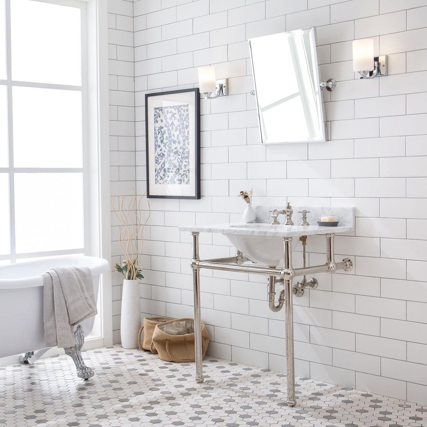 Water Creation EB30E-0513 EMBASSY 30"W x 34"H Single Washstand , P-Trap, Countertop with Sink, F2-0013 Faucet and Mirror included, in Polished Nickel Finish