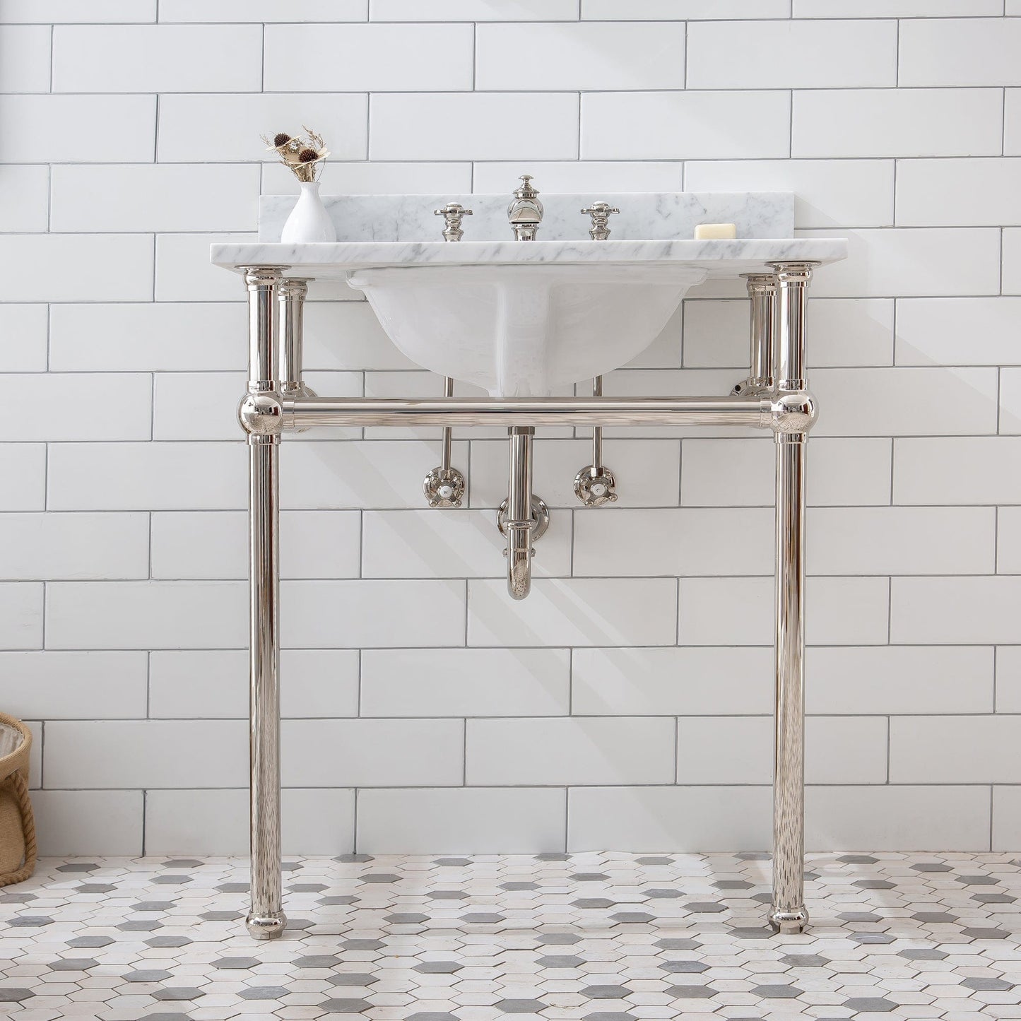 Water Creation EB30E-0513 EMBASSY 30"W x 34"H Single Washstand , P-Trap, Countertop with Sink, F2-0013 Faucet and Mirror included, in Polished Nickel Finish