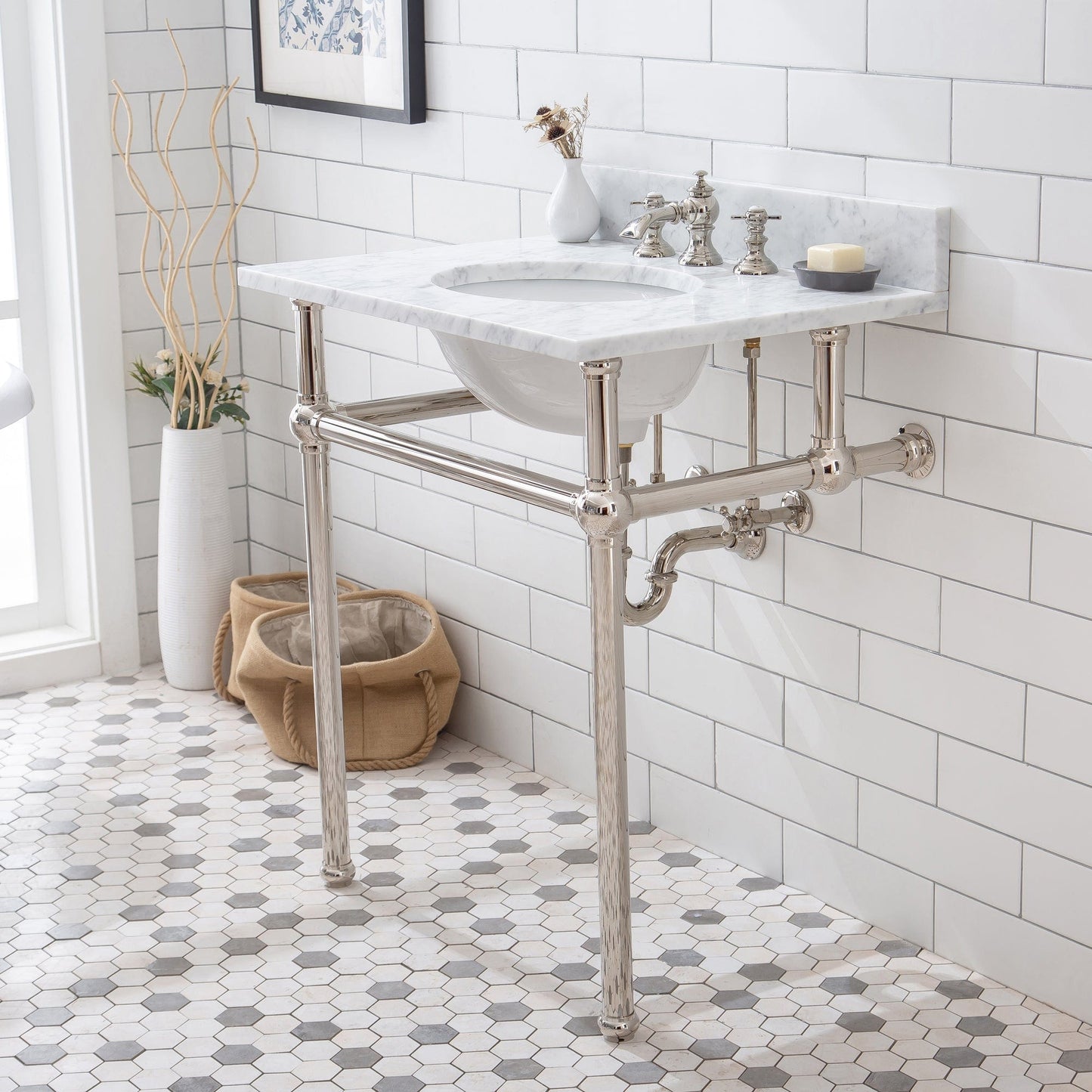 Water Creation EB30E-0513 EMBASSY 30"W x 34"H Single Washstand , P-Trap, Countertop with Sink, F2-0013 Faucet and Mirror included, in Polished Nickel Finish