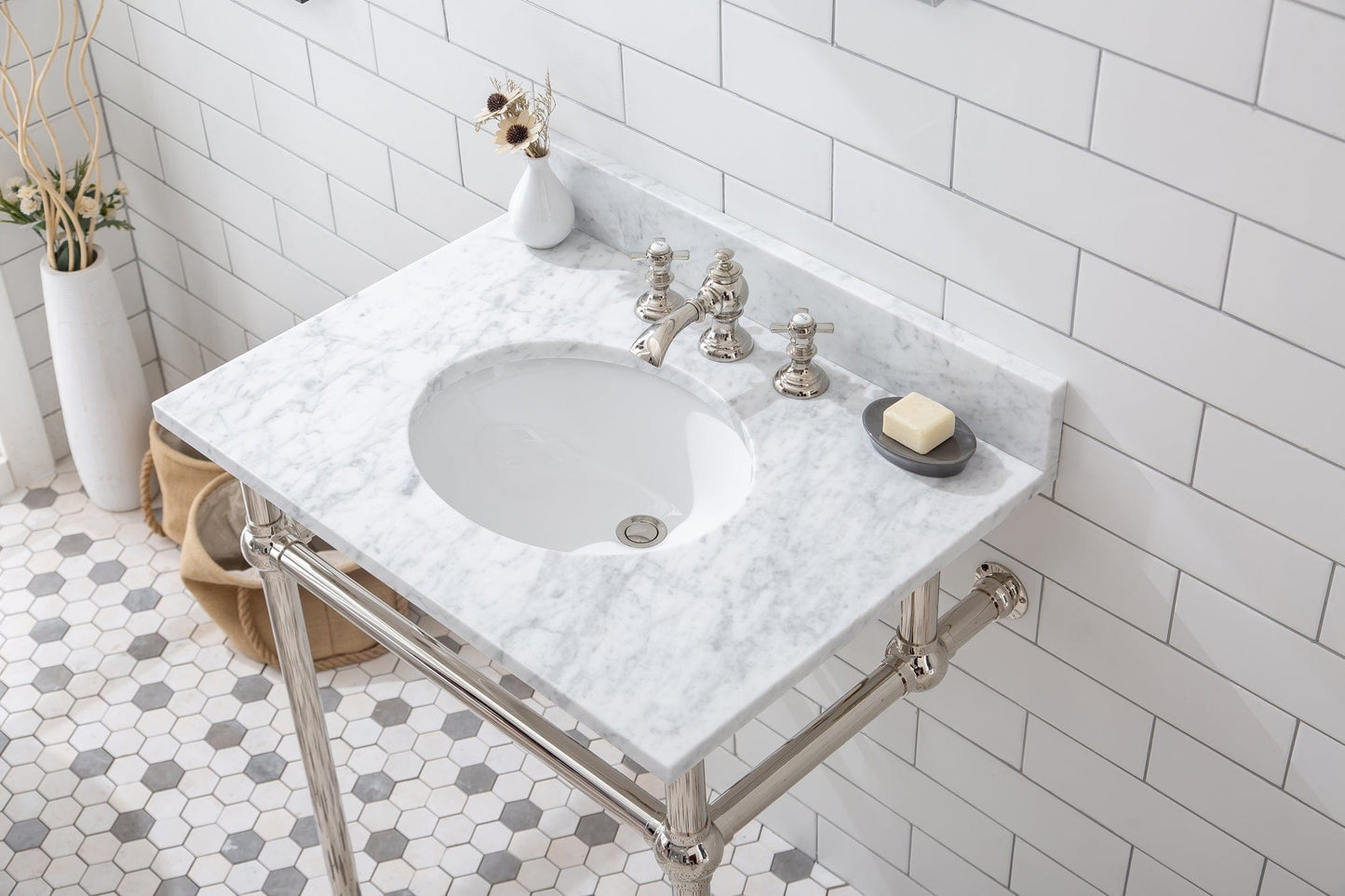 Water Creation EB30E-0513 EMBASSY 30"W x 34"H Single Washstand , P-Trap, Countertop with Sink, F2-0013 Faucet and Mirror included, in Polished Nickel Finish