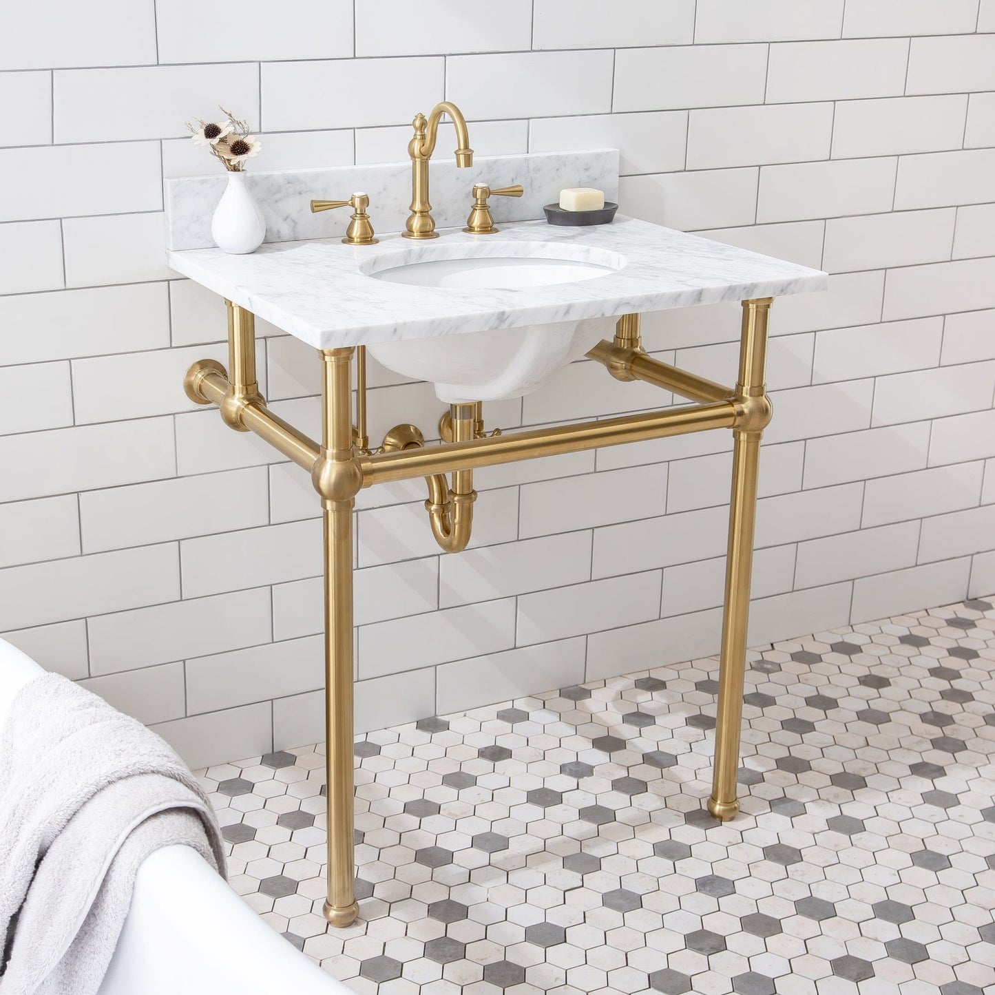 Water Creation EB30E-0612 EMBASSY 30"W x 34"H Single Washstand , P-Trap, Countertop with Sink, F2-0012 Faucet and Mirror included, in Satin Gold Finish