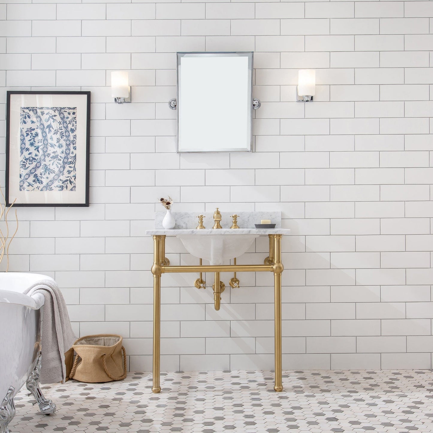 Water Creation EB30E-0613 EMBASSY 30"W x 34"H Single Washstand , P-Trap, Countertop with Sink, F2-0013 Faucet and Mirror included, in Satin Gold Finish
