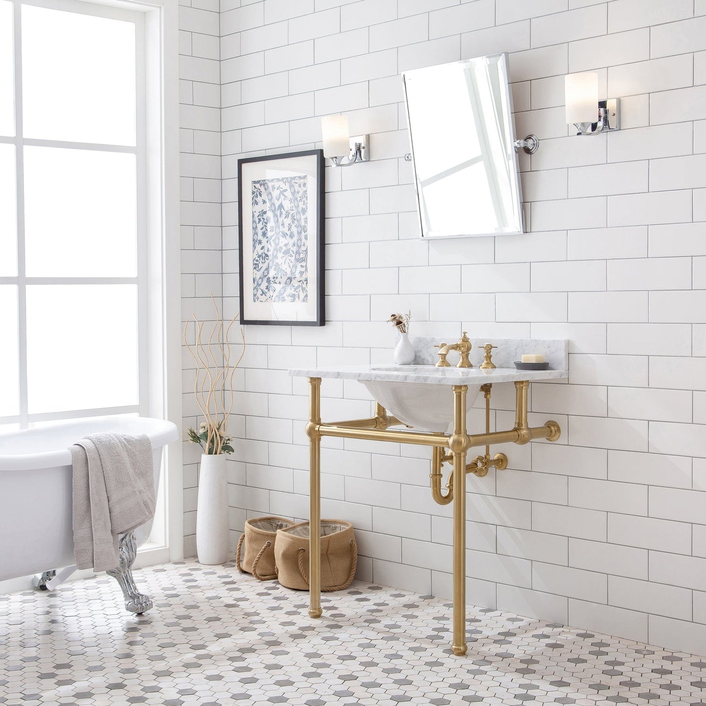 Water Creation EB30E-0613 EMBASSY 30"W x 34"H Single Washstand , P-Trap, Countertop with Sink, F2-0013 Faucet and Mirror included, in Satin Gold Finish