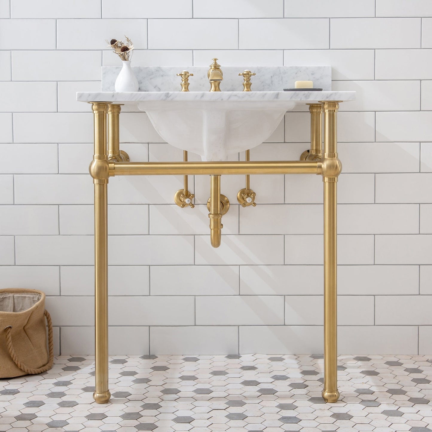 Water Creation EB30E-0613 EMBASSY 30"W x 34"H Single Washstand , P-Trap, Countertop with Sink, F2-0013 Faucet and Mirror included, in Satin Gold Finish