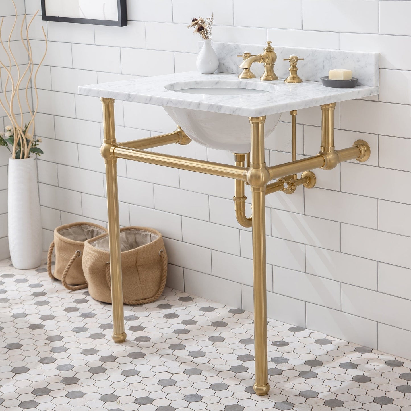 Water Creation EB30E-0613 EMBASSY 30"W x 34"H Single Washstand , P-Trap, Countertop with Sink, F2-0013 Faucet and Mirror included, in Satin Gold Finish