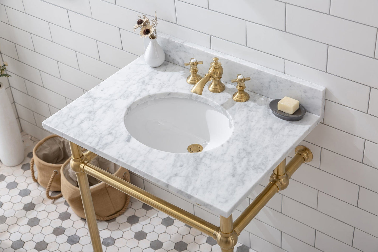 Water Creation EB30E-0613 EMBASSY 30"W x 34"H Single Washstand , P-Trap, Countertop with Sink, F2-0013 Faucet and Mirror included, in Satin Gold Finish