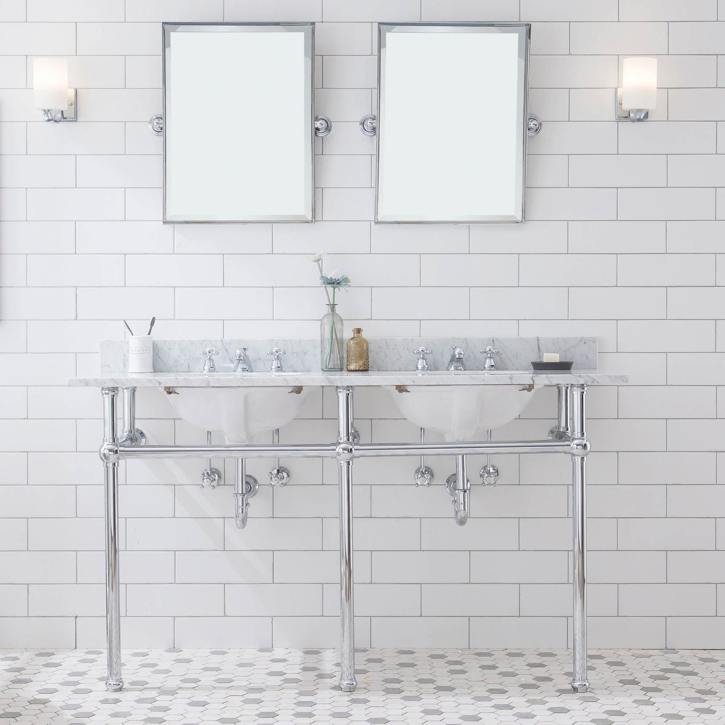 Water Creation EB60D-0109 EMBASSY 60"W x 34"H Double Washstand , P-Trap, Countertop with Sink, and F2-0009 Faucet included, in Chrome Finish