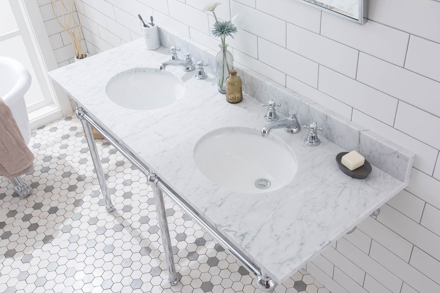Water Creation EB60D-0109 EMBASSY 60"W x 34"H Double Washstand , P-Trap, Countertop with Sink, and F2-0009 Faucet included, in Chrome Finish