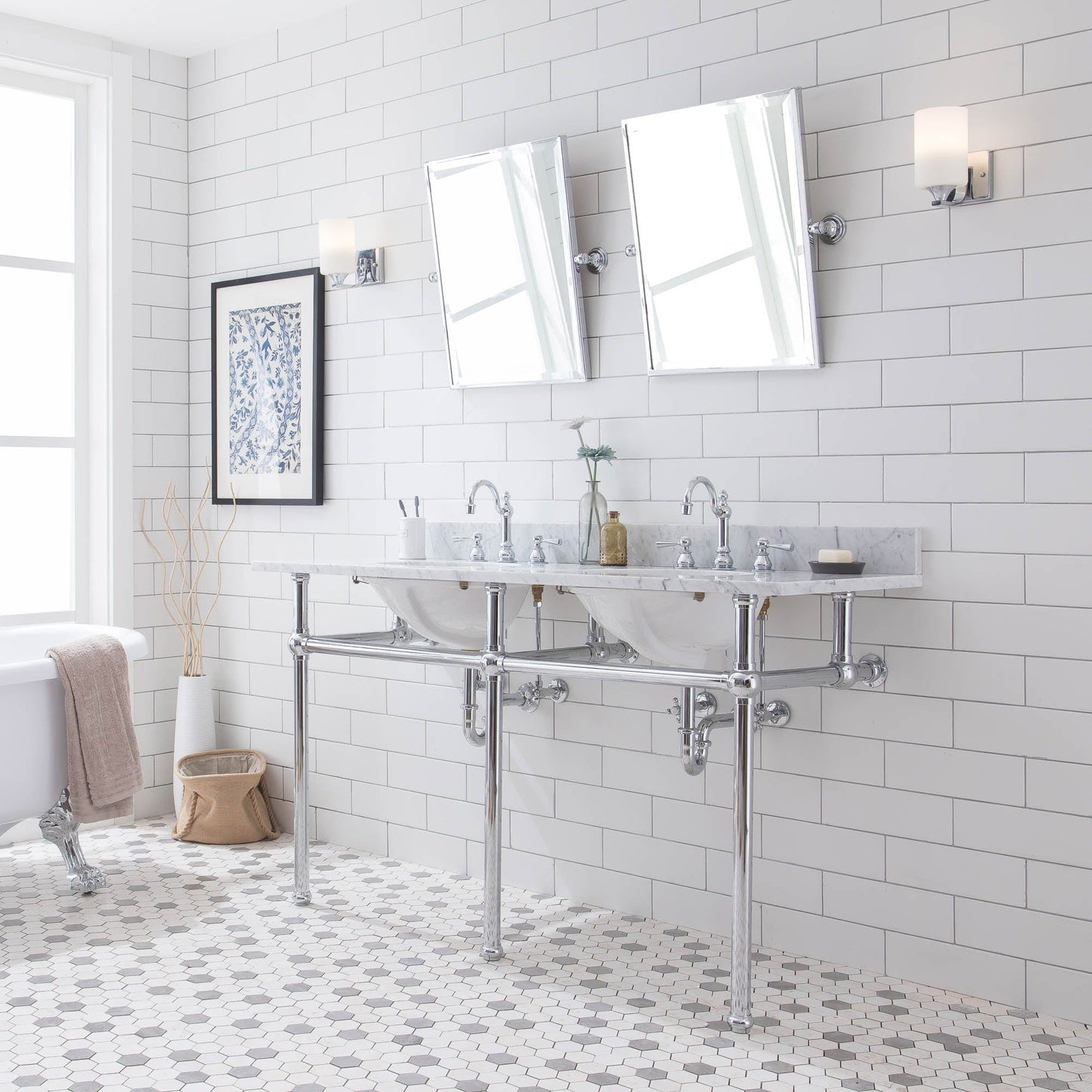 Water Creation EB60D-0112 EMBASSY 60"W x 34"H Double Washstand , P-Trap, Countertop with Sink, and F2-0012 Faucet included, in Chrome Finish