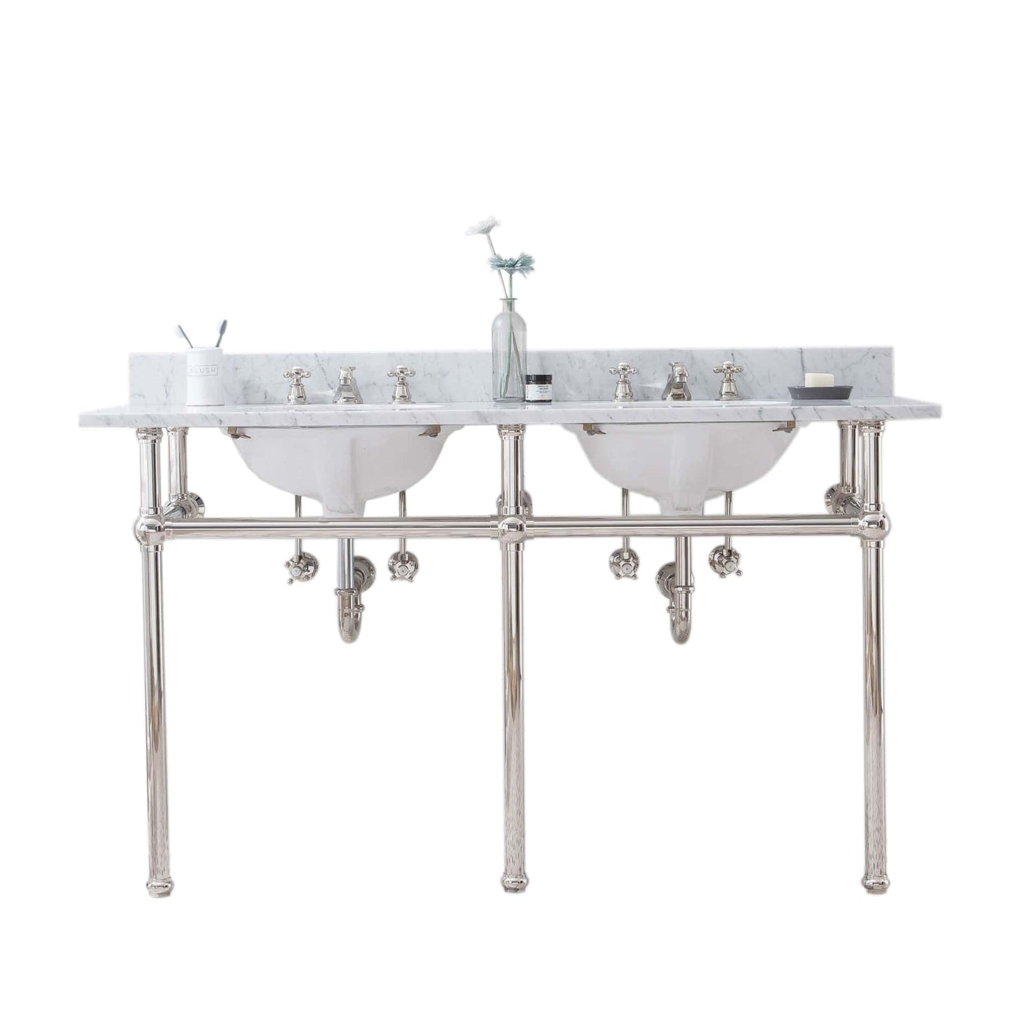 Water Creation EB60D-0509 EMBASSY 60"W x 34"H Double Washstand , P-Trap, Countertop with Sink, and F2-0009 Faucet included, in Polished Nickel Finish