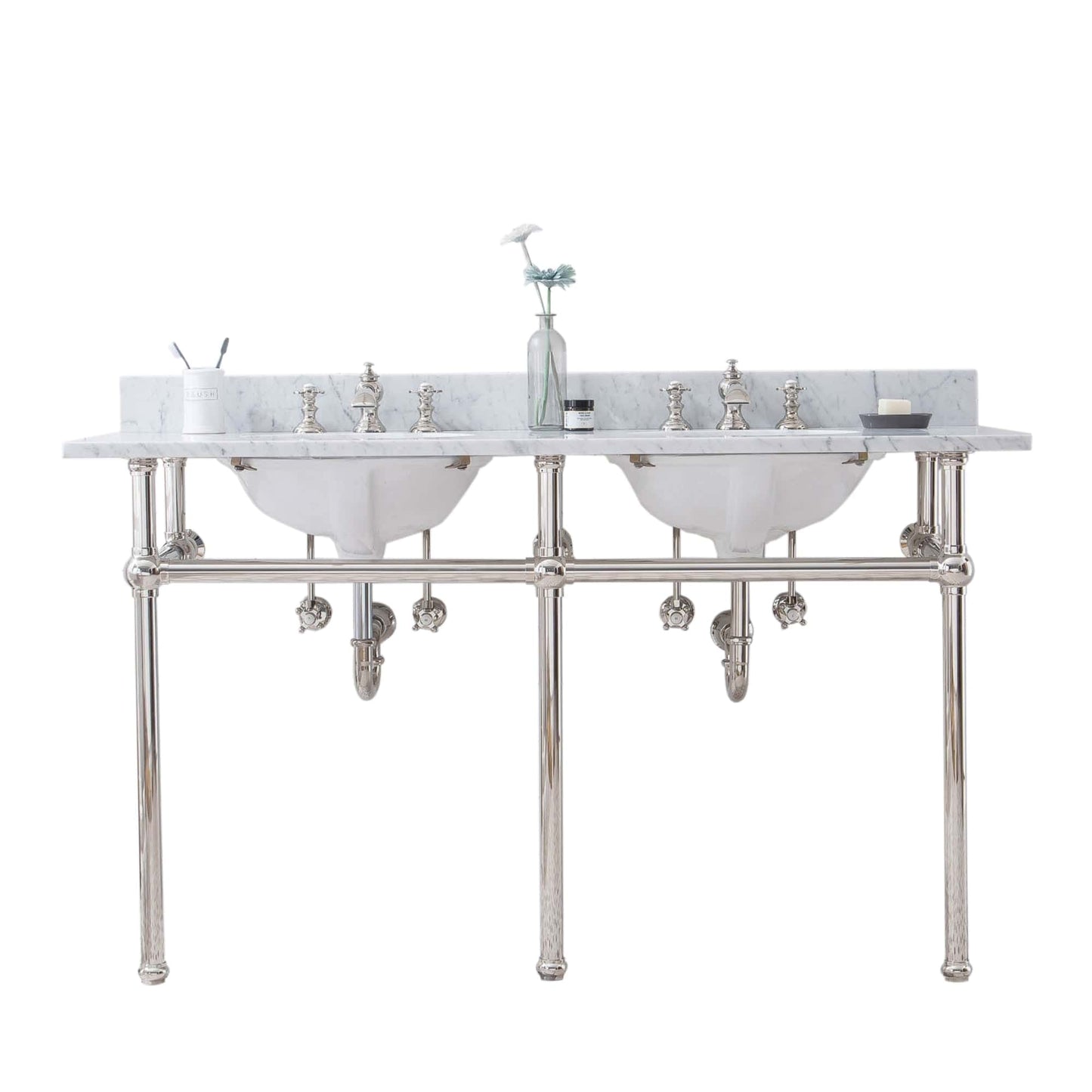 Water Creation EB60D-0513 EMBASSY 60"W x 34"H Double Washstand , P-Trap, Countertop with Sink, and F2-0013 Faucet included, in Polished Nickel Finish