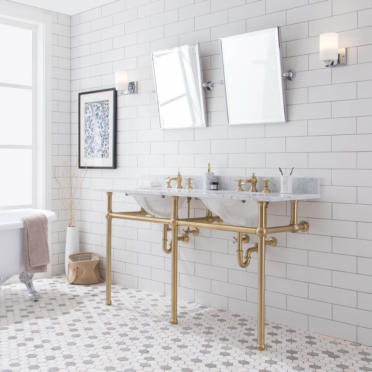 Water Creation EB60D-0613 EMBASSY 60"W x 34"H Double Washstand , P-Trap, Countertop with Sink, and F2-0013 Faucet included, in Satin Gold Finish