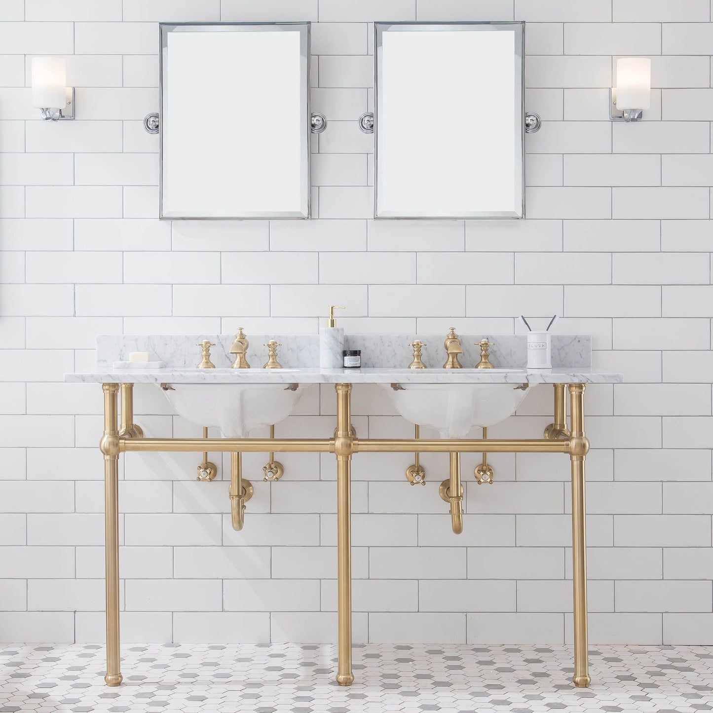 Water Creation EB60D-0613 EMBASSY 60"W x 34"H Double Washstand , P-Trap, Countertop with Sink, and F2-0013 Faucet included, in Satin Gold Finish