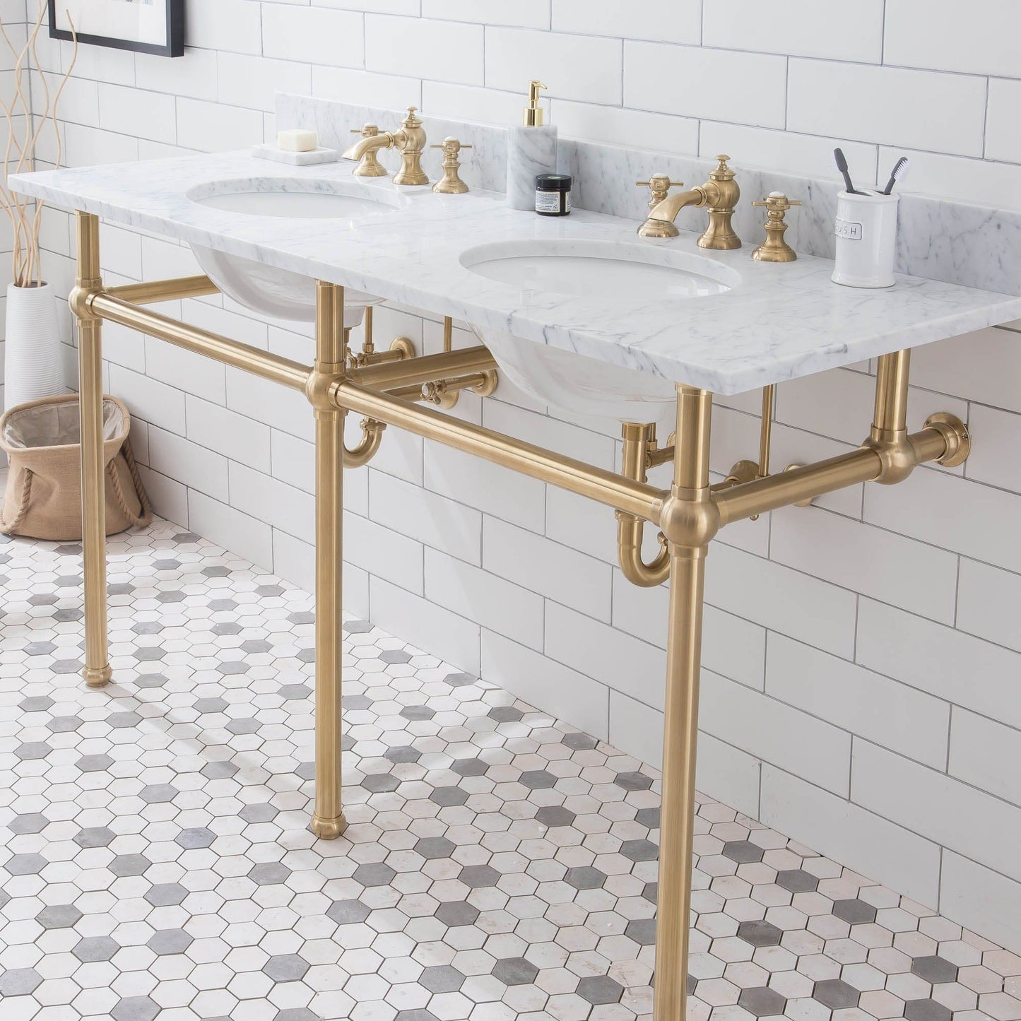 Water Creation EB60D-0613 EMBASSY 60"W x 34"H Double Washstand , P-Trap, Countertop with Sink, and F2-0013 Faucet included, in Satin Gold Finish