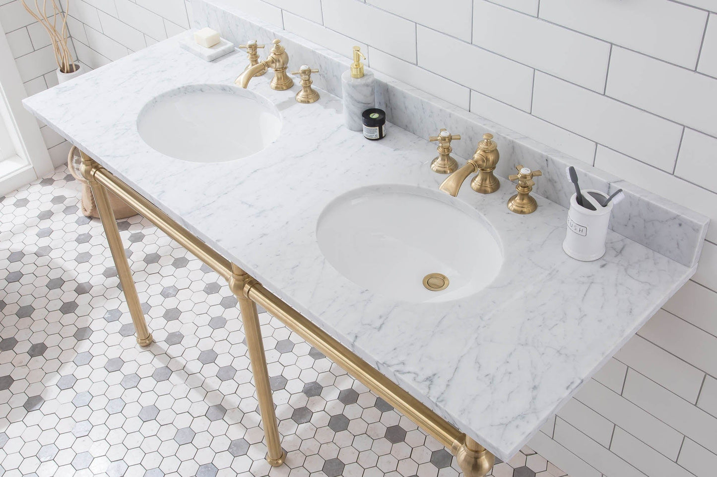 Water Creation EB60D-0613 EMBASSY 60"W x 34"H Double Washstand , P-Trap, Countertop with Sink, and F2-0013 Faucet included, in Satin Gold Finish