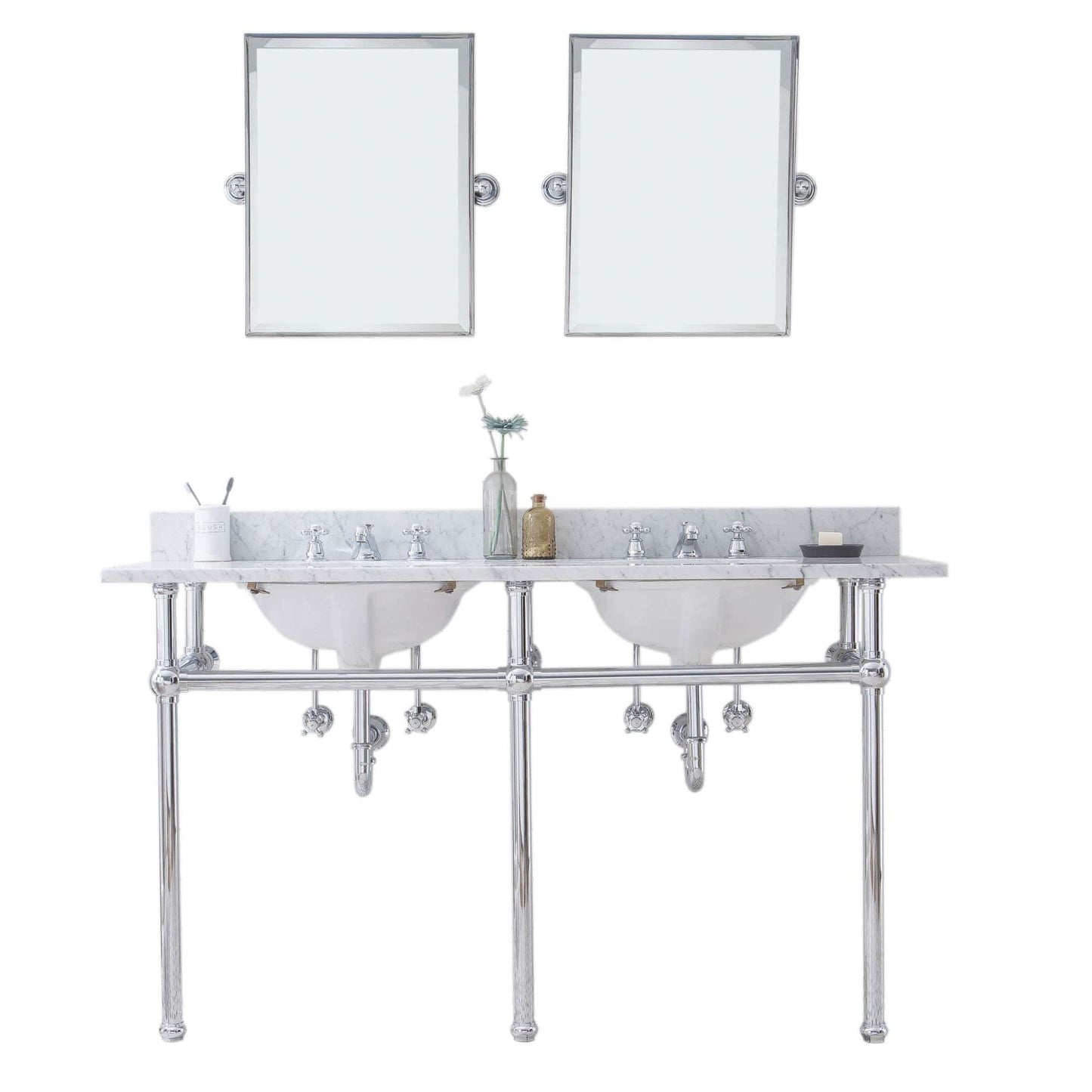 Water Creation EB60E-0109 EMBASSY 60"W x 34"H Double Washstand , P-Trap, Countertop with Sink, F2-0009 Faucet and Mirror included, in Chrome Finish