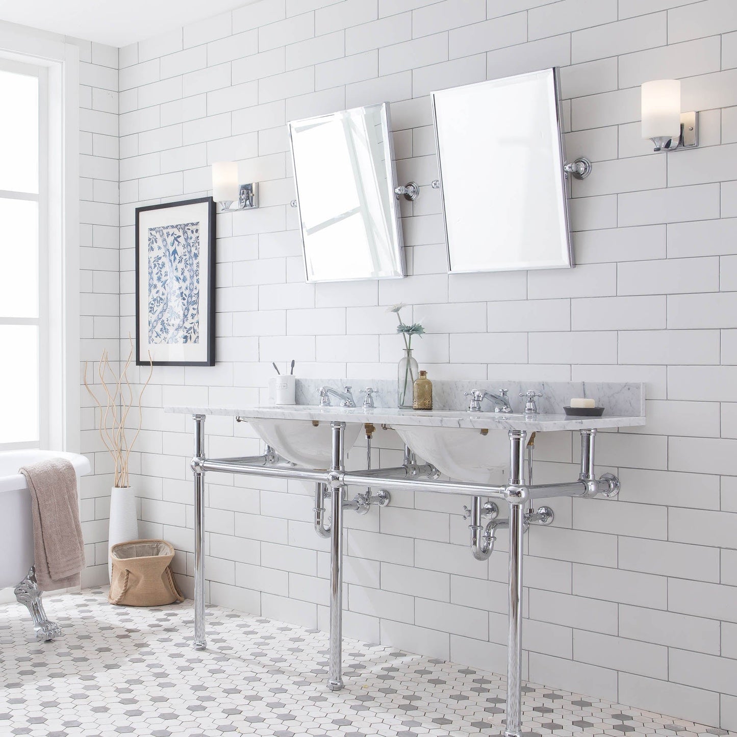 Water Creation EB60E-0109 EMBASSY 60"W x 34"H Double Washstand , P-Trap, Countertop with Sink, F2-0009 Faucet and Mirror included, in Chrome Finish