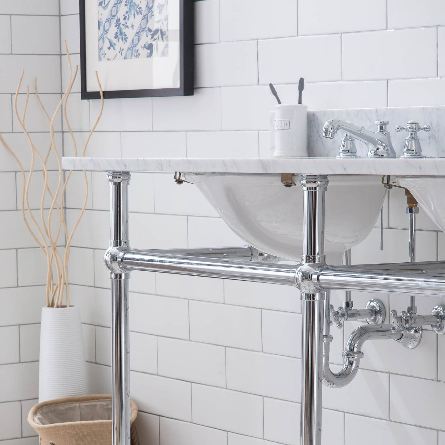 Water Creation EB60E-0109 EMBASSY 60"W x 34"H Double Washstand , P-Trap, Countertop with Sink, F2-0009 Faucet and Mirror included, in Chrome Finish