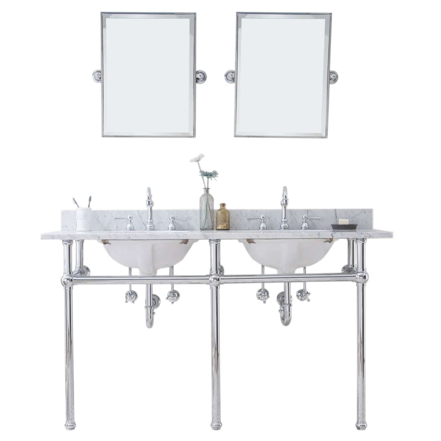 Water Creation EB60E-0112 EMBASSY 60"W x 34"H Double Washstand , P-Trap, Countertop with Sink, F2-0012 Faucet and Mirror included, in Chrome Finish