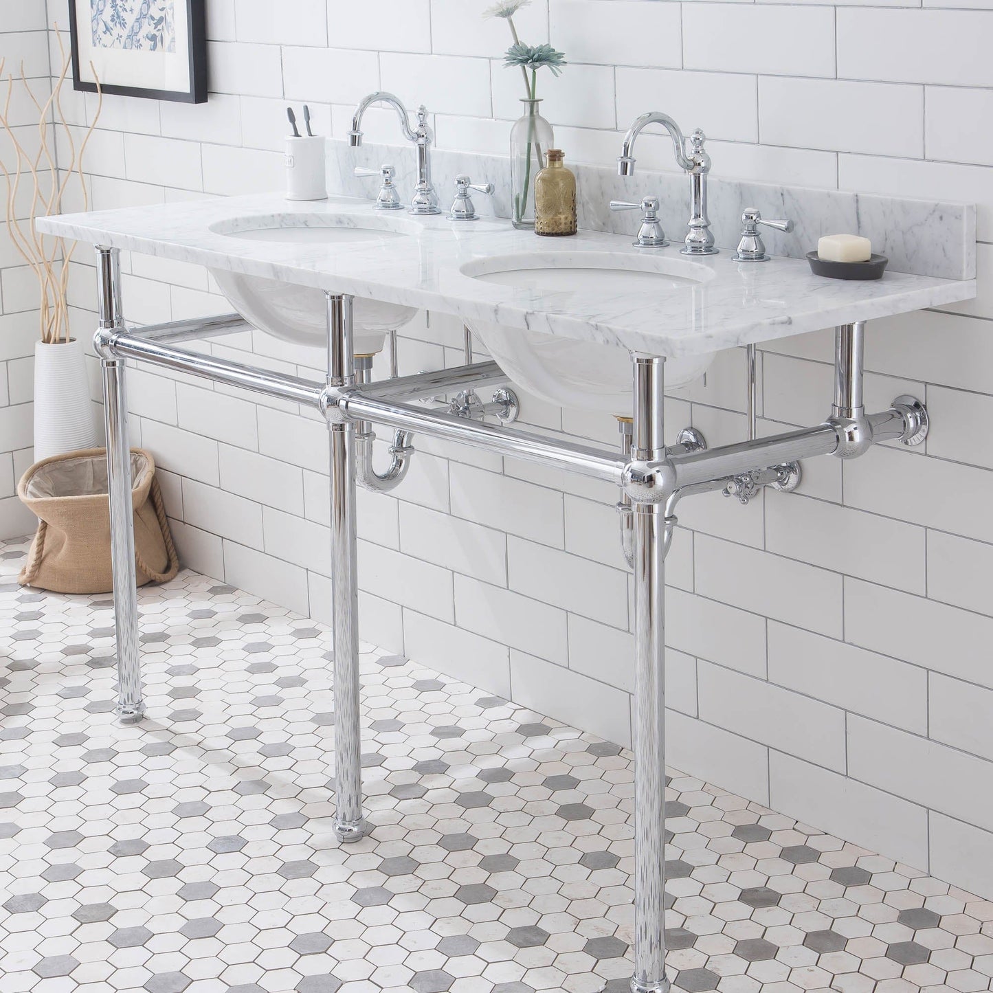 Water Creation EB60E-0112 EMBASSY 60"W x 34"H Double Washstand , P-Trap, Countertop with Sink, F2-0012 Faucet and Mirror included, in Chrome Finish