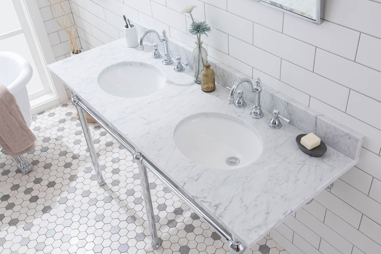 Water Creation EB60E-0112 EMBASSY 60"W x 34"H Double Washstand , P-Trap, Countertop with Sink, F2-0012 Faucet and Mirror included, in Chrome Finish