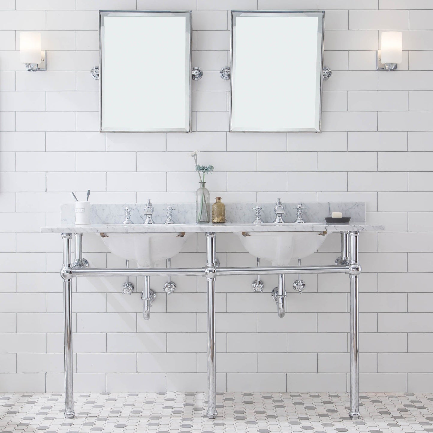 Water Creation EB60E-0113 EMBASSY 60"W x 34"H Double Washstand , P-Trap, Countertop with Sink, F2-0013 Faucet and Mirror included, in Chrome Finish