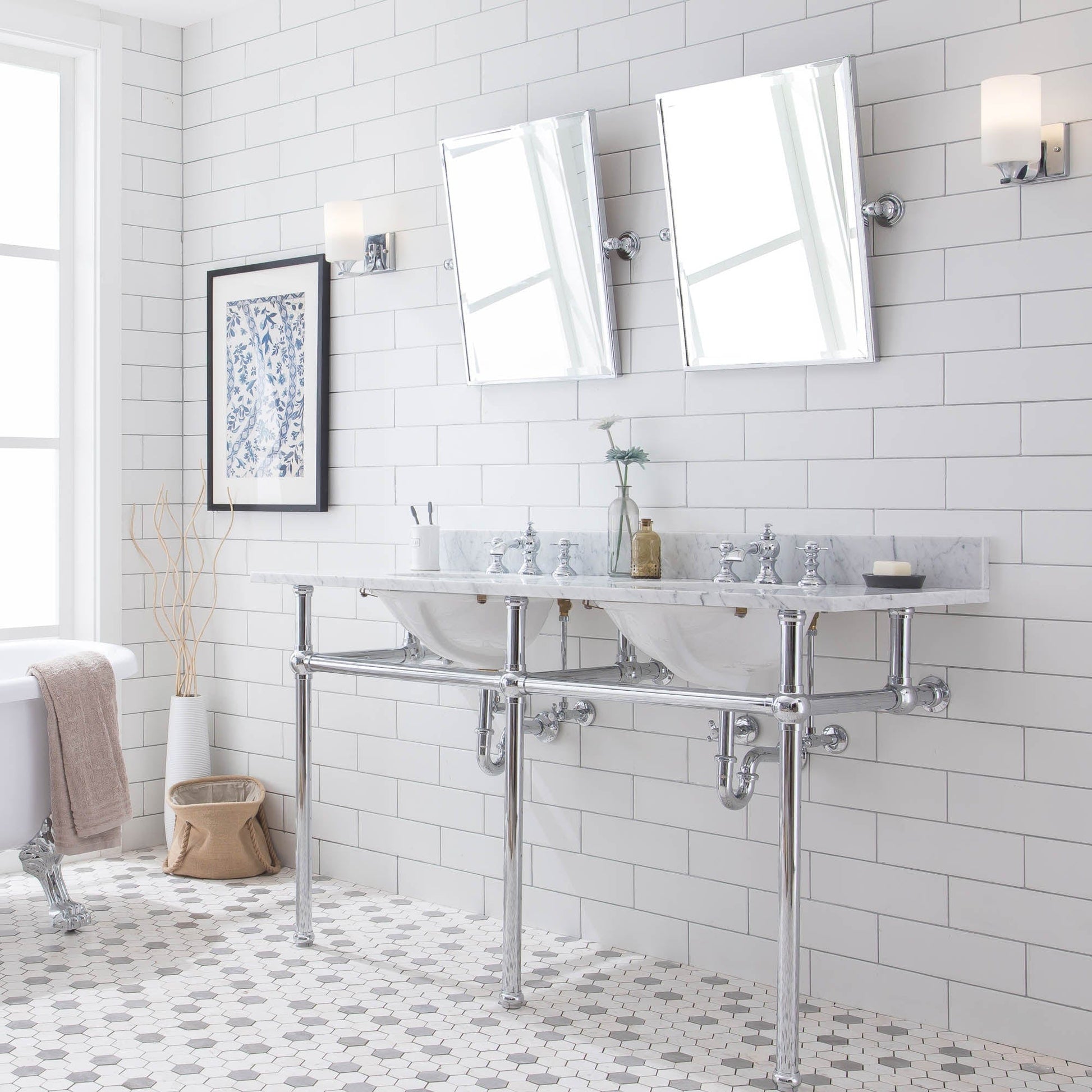 Water Creation EB60E-0113 EMBASSY 60"W x 34"H  Double Washstand , P-Trap, Countertop with Sink, F2-0013 Faucet and Mirror included, in Chrome Finish