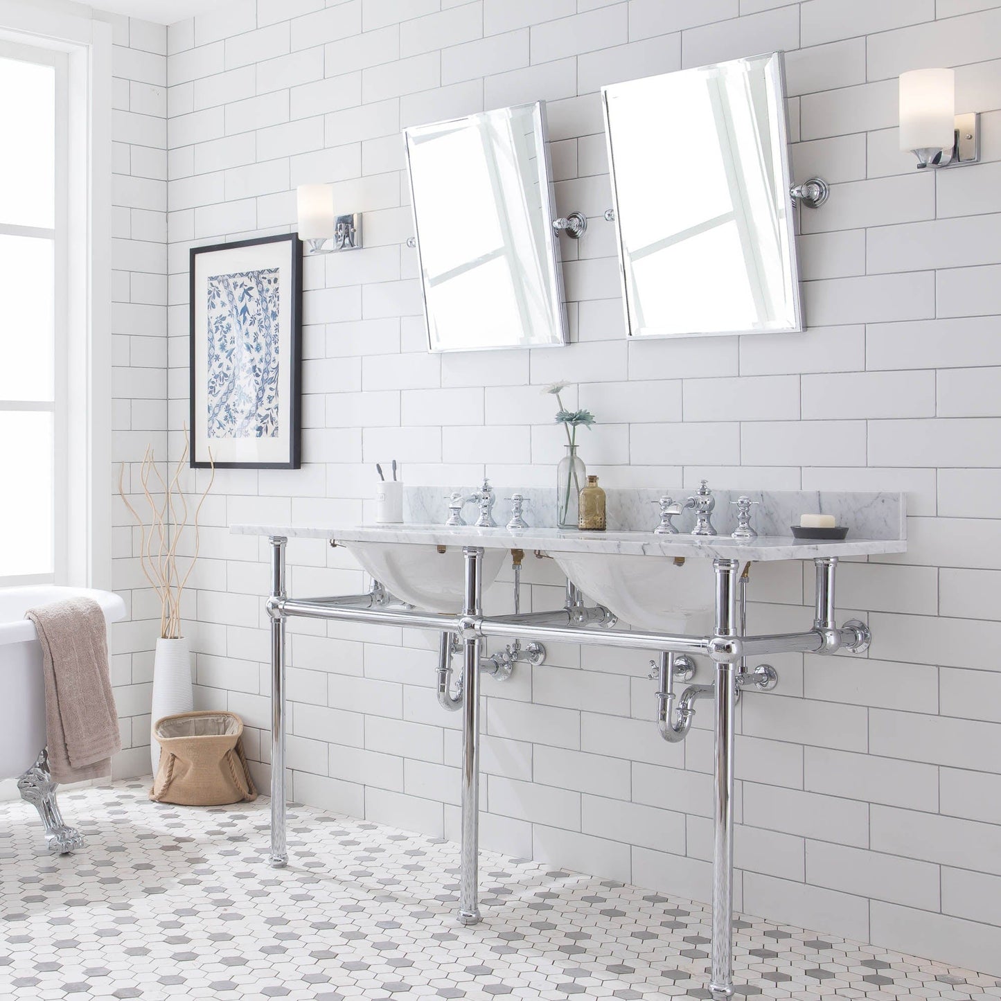 Water Creation EB60E-0113 EMBASSY 60"W x 34"H Double Washstand , P-Trap, Countertop with Sink, F2-0013 Faucet and Mirror included, in Chrome Finish