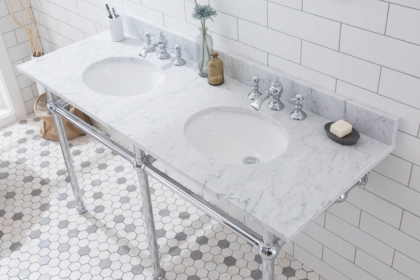 Water Creation EB60E-0113 EMBASSY 60"W x 34"H Double Washstand , P-Trap, Countertop with Sink, F2-0013 Faucet and Mirror included, in Chrome Finish