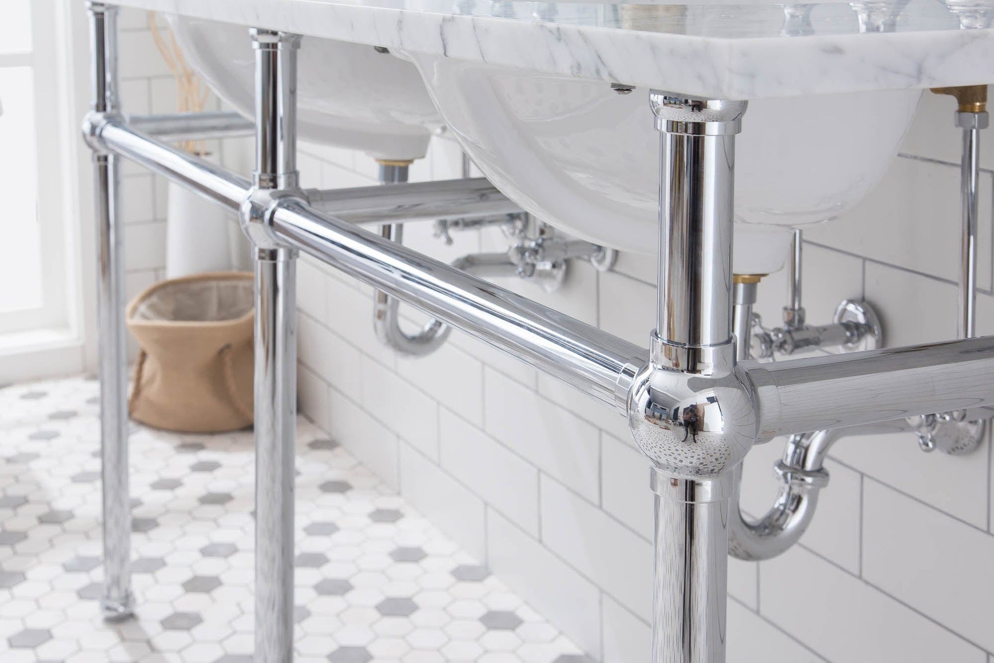 Water Creation EB60E-0113 EMBASSY 60"W x 34"H  Double Washstand , P-Trap, Countertop with Sink, F2-0013 Faucet and Mirror included, in Chrome Finish