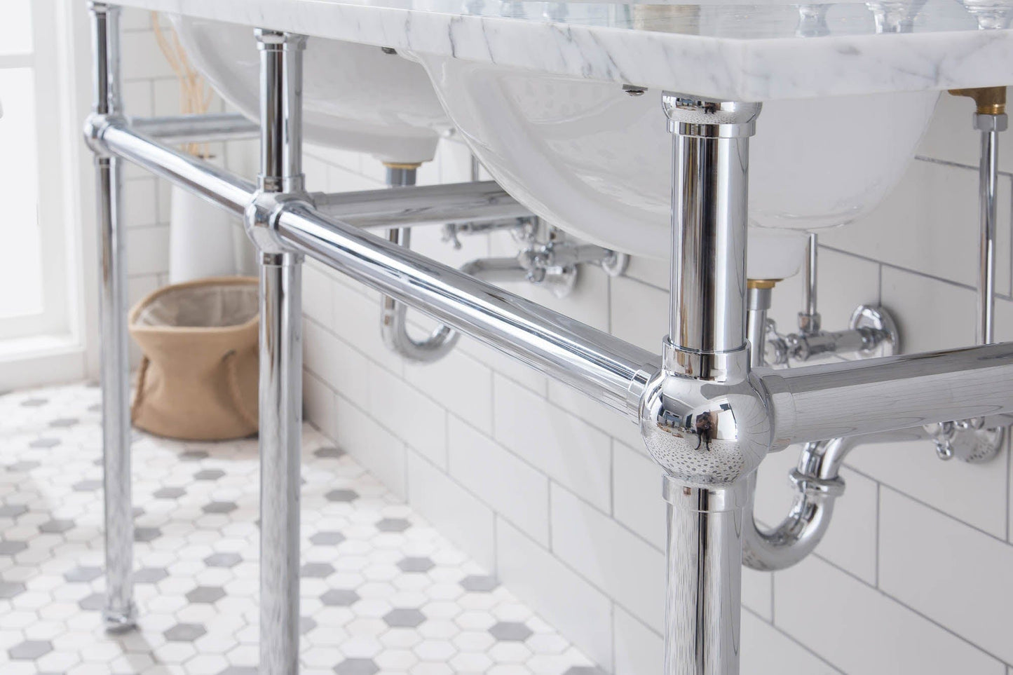 Water Creation EB60E-0113 EMBASSY 60"W x 34"H Double Washstand , P-Trap, Countertop with Sink, F2-0013 Faucet and Mirror included, in Chrome Finish