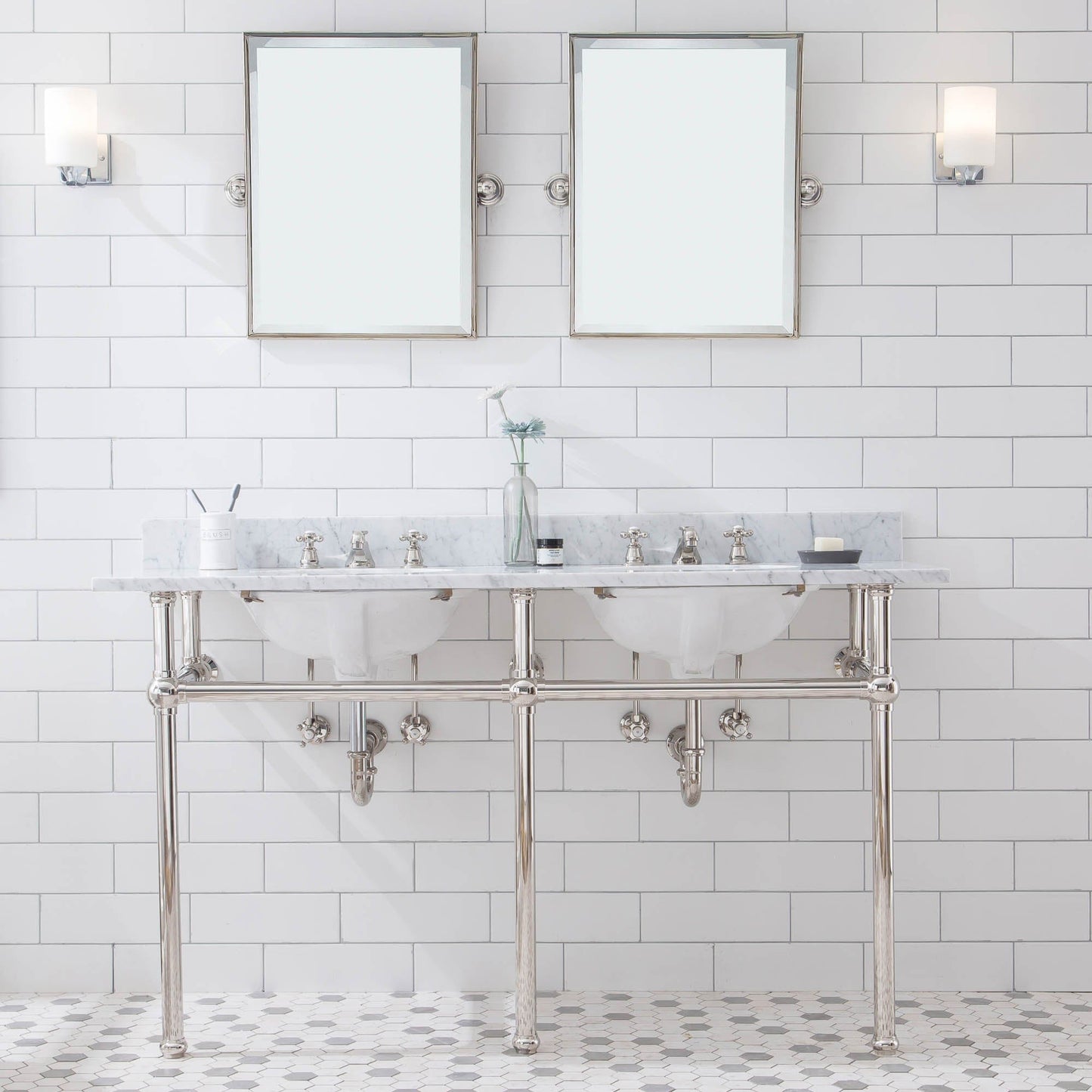 Water Creation EB60E-0509 EMBASSY 60"W x 34"H Double Washstand , P-Trap, Countertop with Sink, F2-0009 Faucet and Mirror included, in Polished Nickel Finish