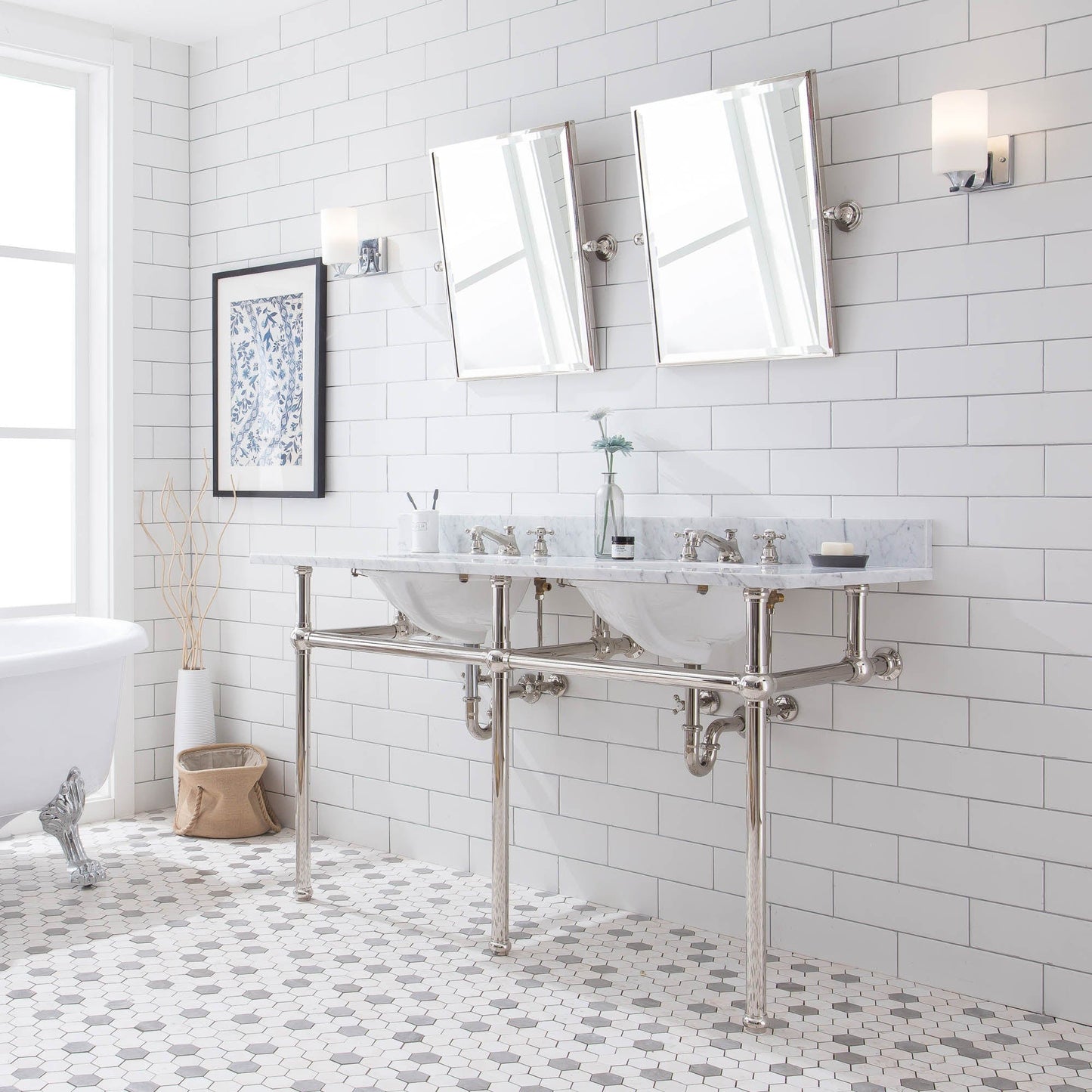 Water Creation EB60E-0509 EMBASSY 60"W x 34"H Double Washstand , P-Trap, Countertop with Sink, F2-0009 Faucet and Mirror included, in Polished Nickel Finish