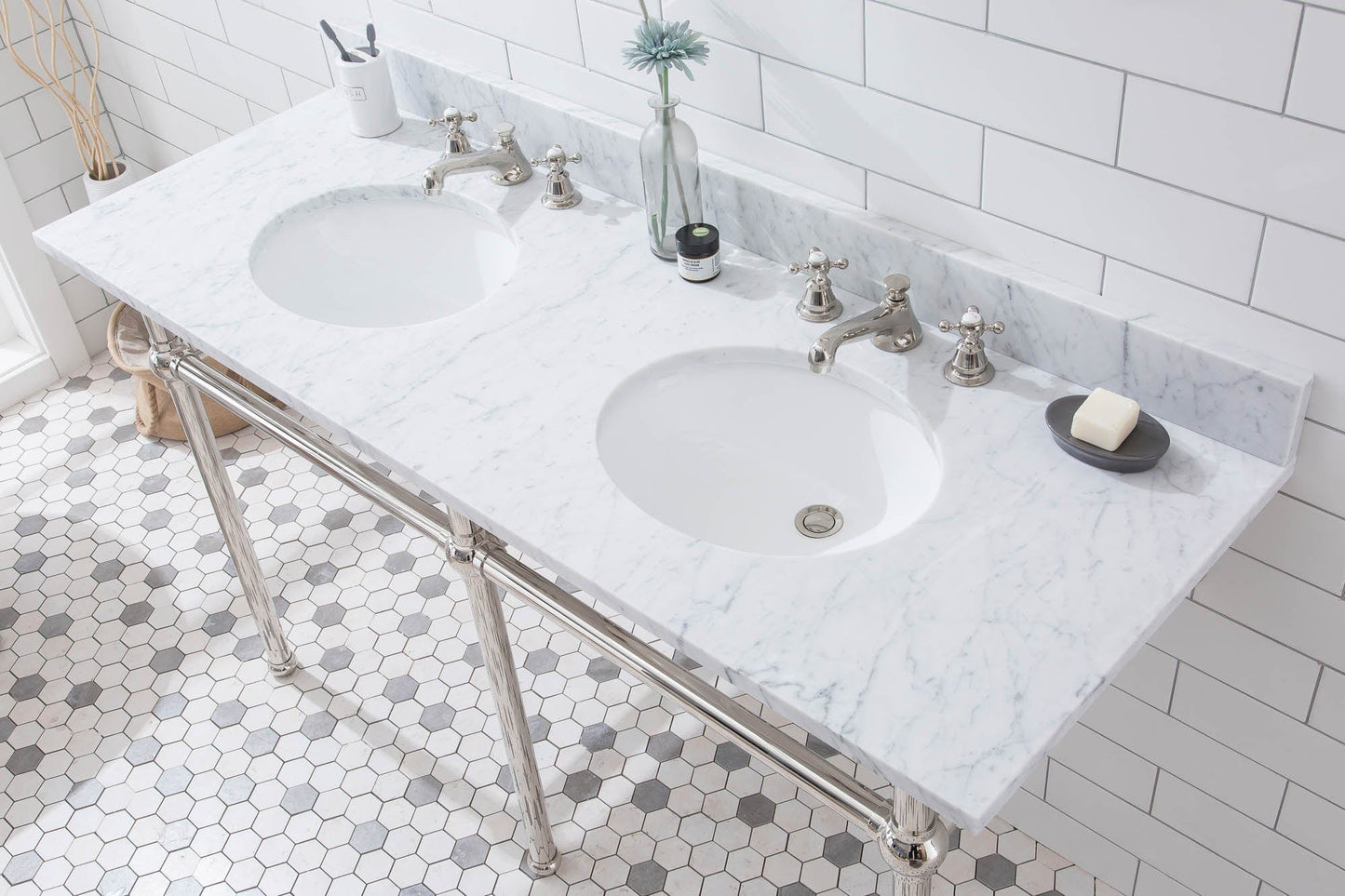 Water Creation EB60E-0509 EMBASSY 60"W x 34"H Double Washstand , P-Trap, Countertop with Sink, F2-0009 Faucet and Mirror included, in Polished Nickel Finish