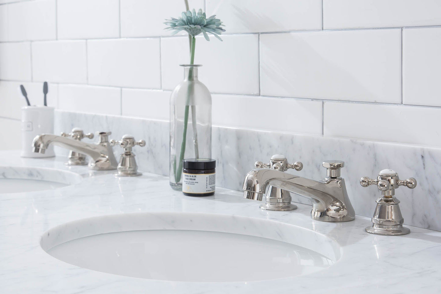 Water Creation EB60E-0509 EMBASSY 60"W x 34"H Double Washstand , P-Trap, Countertop with Sink, F2-0009 Faucet and Mirror included, in Polished Nickel Finish