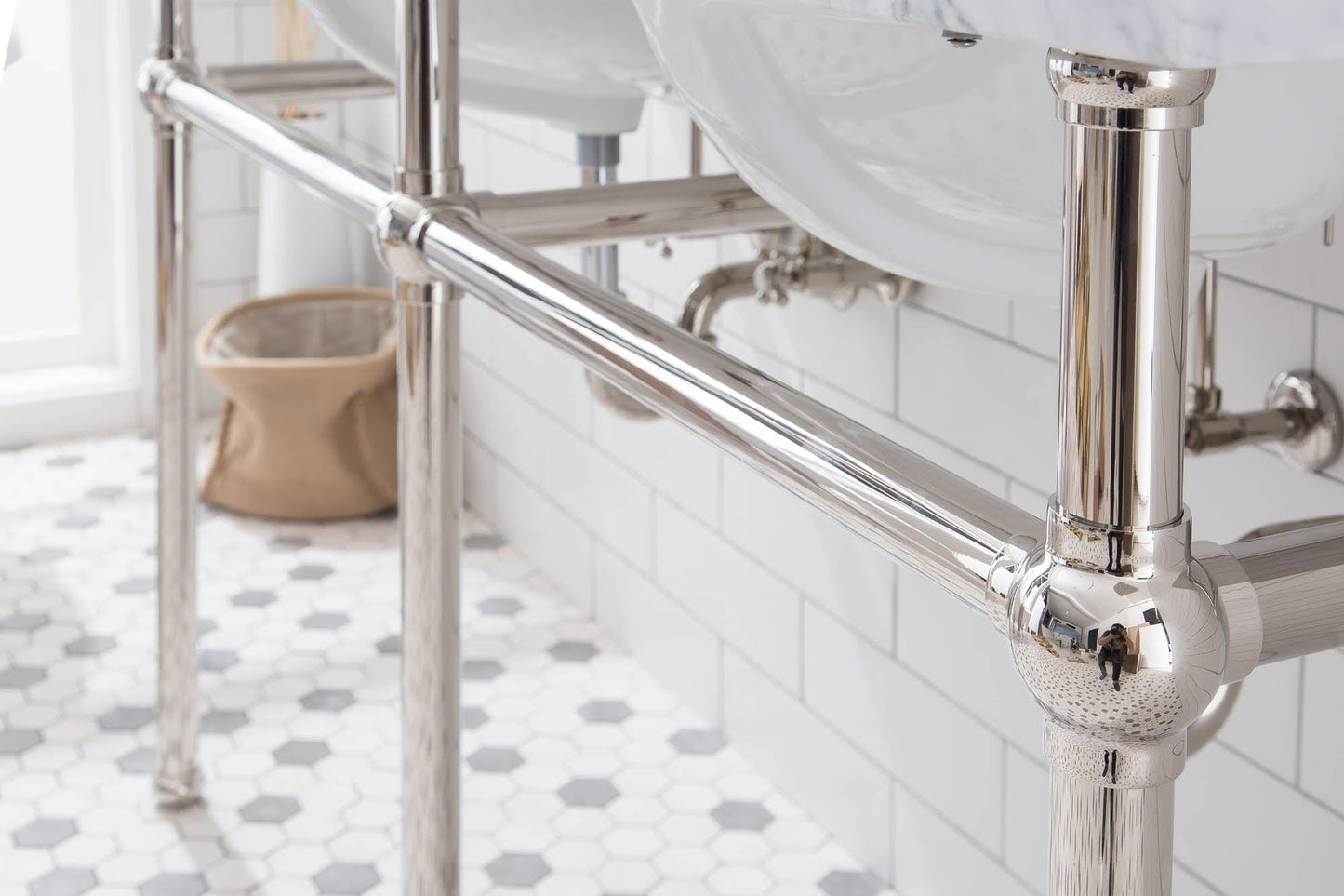 Water Creation EB60E-0509 EMBASSY 60"W x 34"H Double Washstand , P-Trap, Countertop with Sink, F2-0009 Faucet and Mirror included, in Polished Nickel Finish