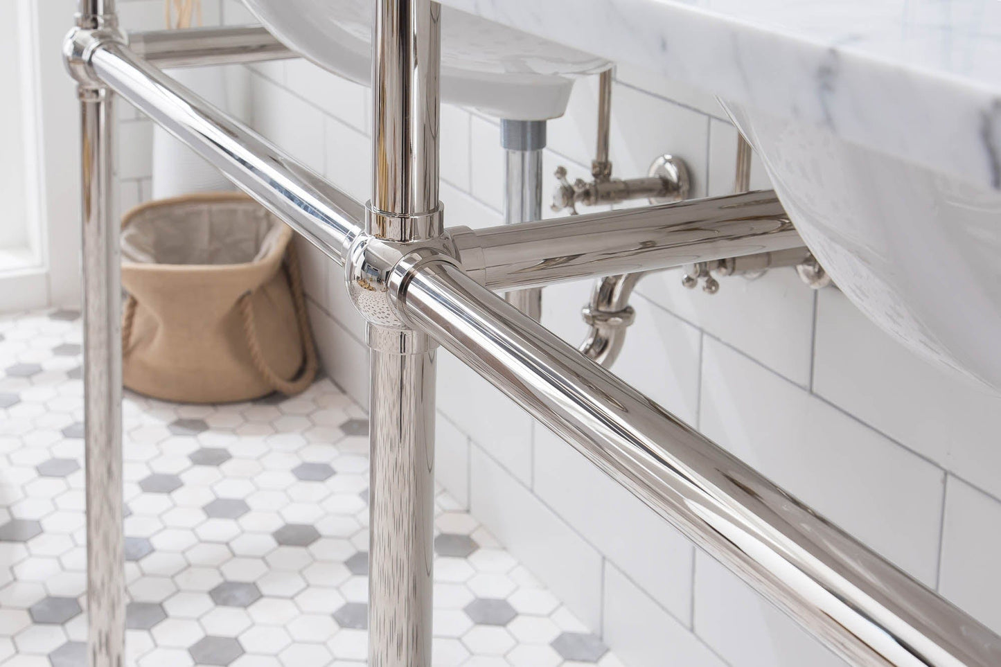 Water Creation EB60E-0509 EMBASSY 60"W x 34"H Double Washstand , P-Trap, Countertop with Sink, F2-0009 Faucet and Mirror included, in Polished Nickel Finish