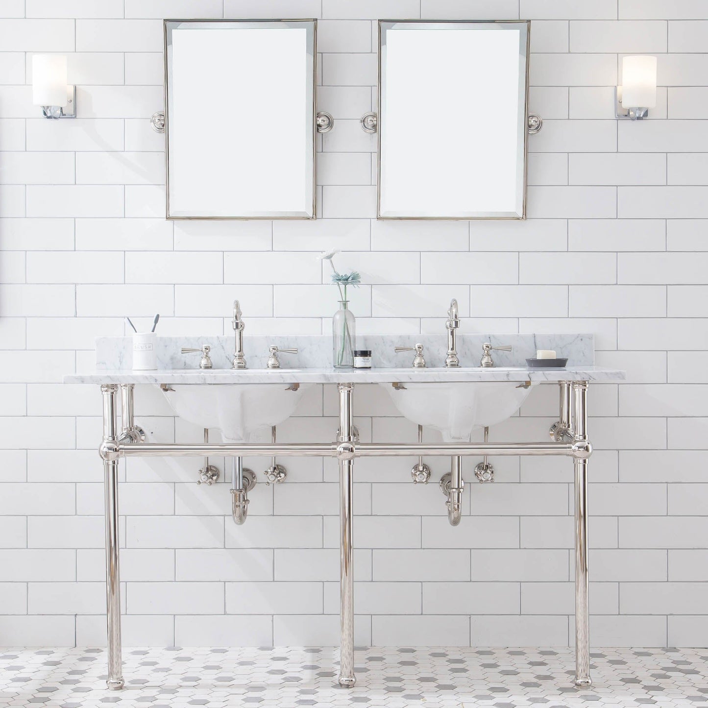 Water Creation EB60E-0512 EMBASSY 60"W x 34"H Double Washstand , P-Trap, Countertop with Sink, F2-0012 Faucet and Mirror included, in Polished Nickel Finish