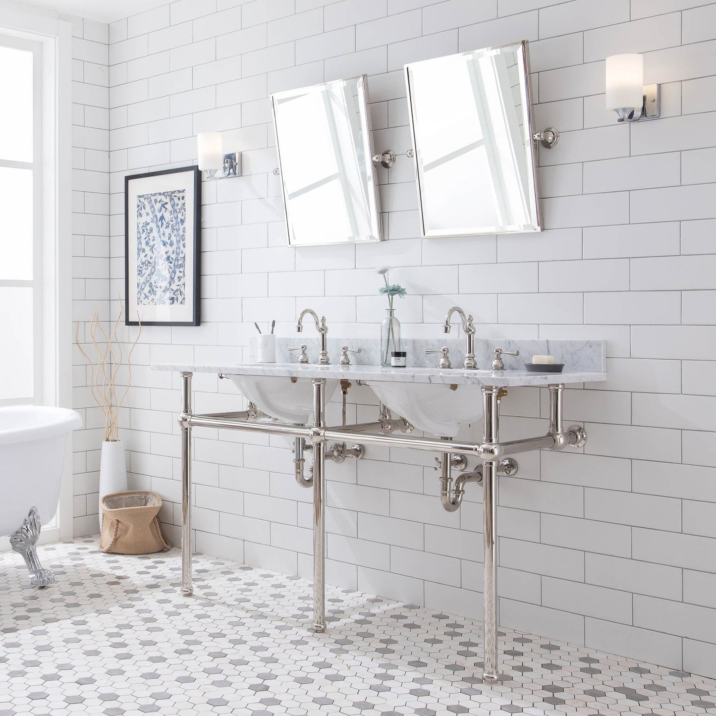 Water Creation EB60E-0512 EMBASSY 60"W x 34"H Double Washstand , P-Trap, Countertop with Sink, F2-0012 Faucet and Mirror included, in Polished Nickel Finish