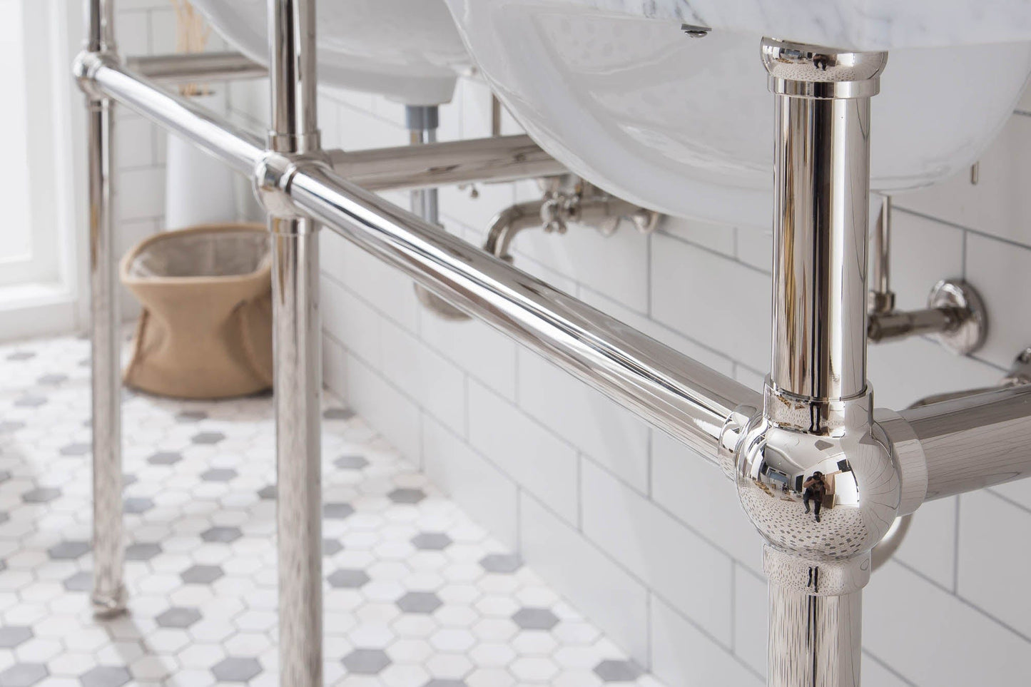 Water Creation EB60E-0512 EMBASSY 60"W x 34"H Double Washstand , P-Trap, Countertop with Sink, F2-0012 Faucet and Mirror included, in Polished Nickel Finish