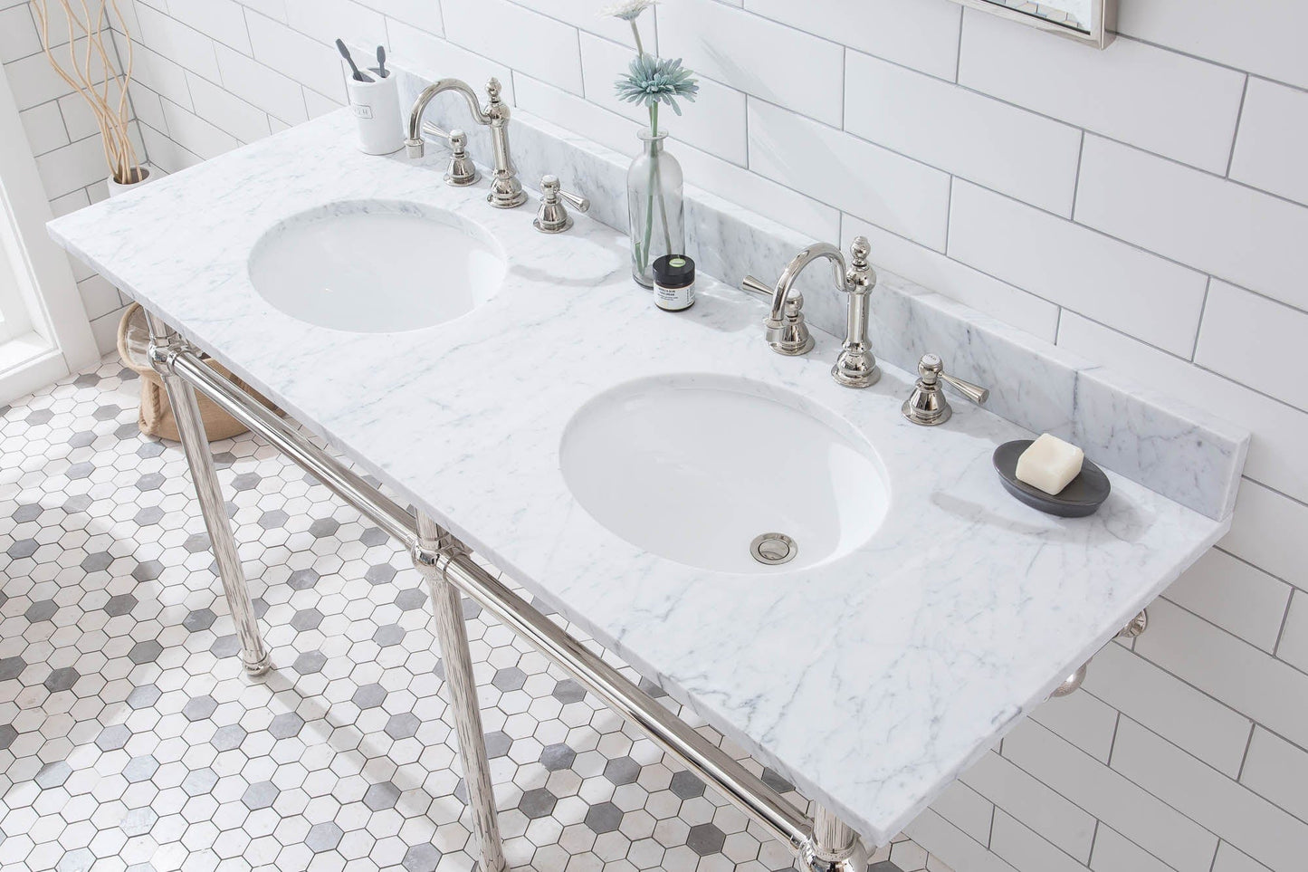 Water Creation EB60E-0512 EMBASSY 60"W x 34"H Double Washstand , P-Trap, Countertop with Sink, F2-0012 Faucet and Mirror included, in Polished Nickel Finish