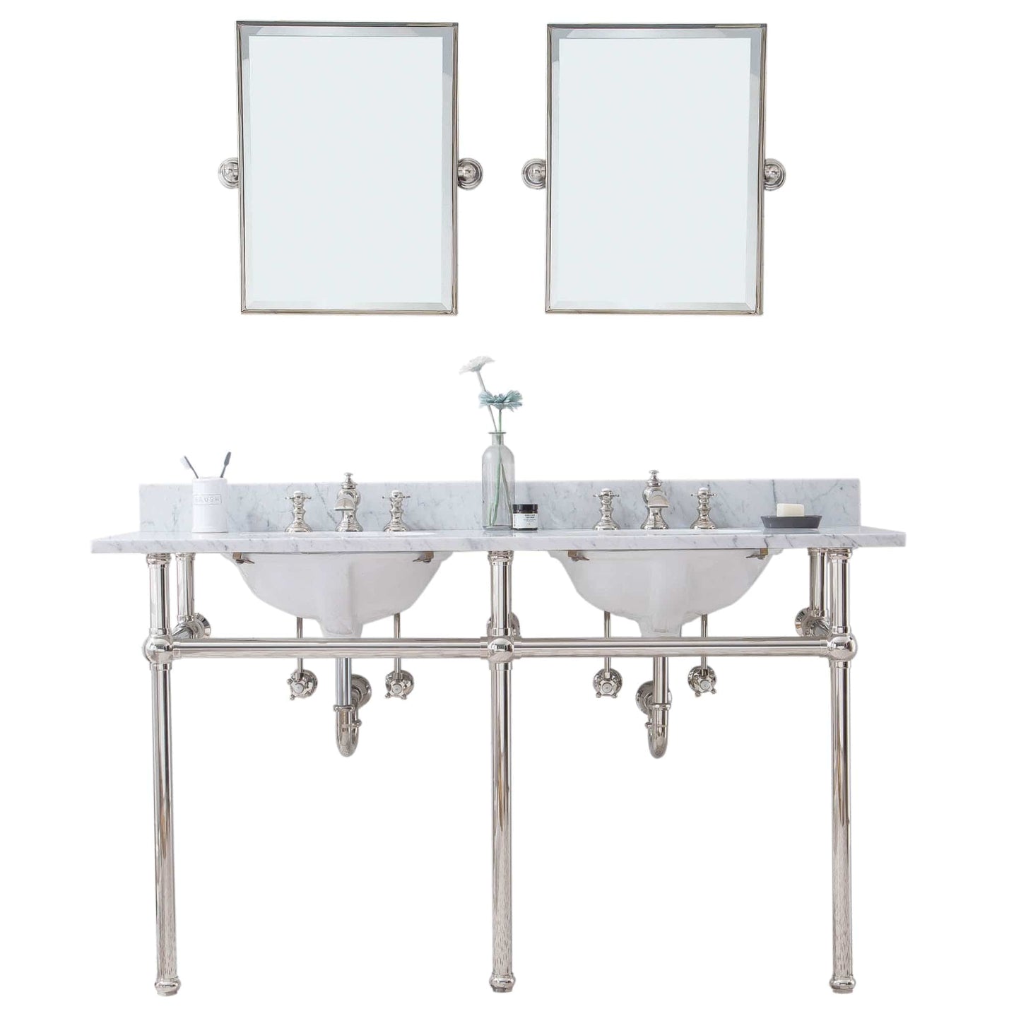 Water Creation EB60E-0513 EMBASSY 60"W x 34"H Double Washstand , P-Trap, Countertop with Sink, F2-0013 Faucet and Mirror included, in Polished Nickel Finish